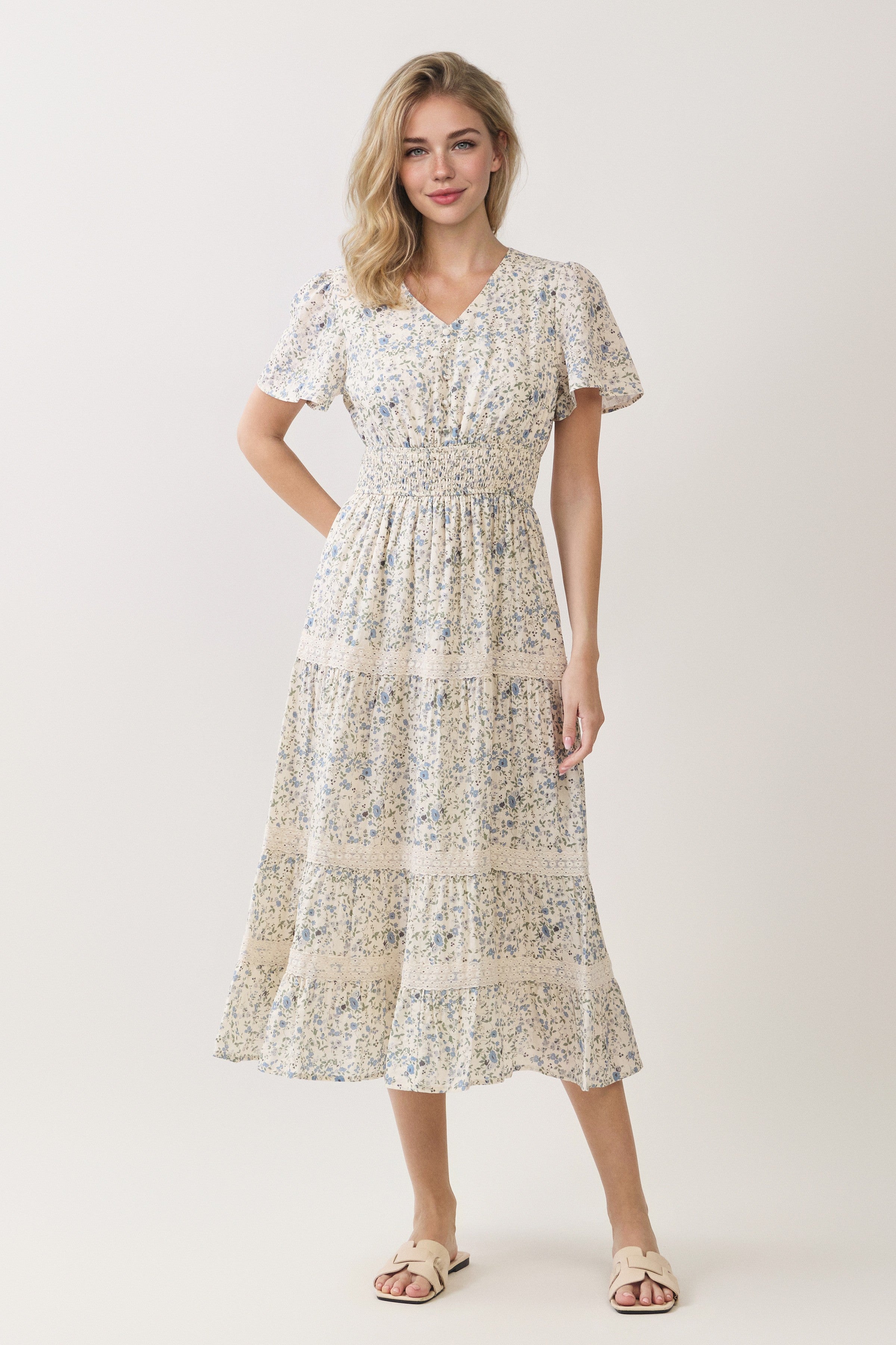 Floral Lace Inset Tiered Midi Dress