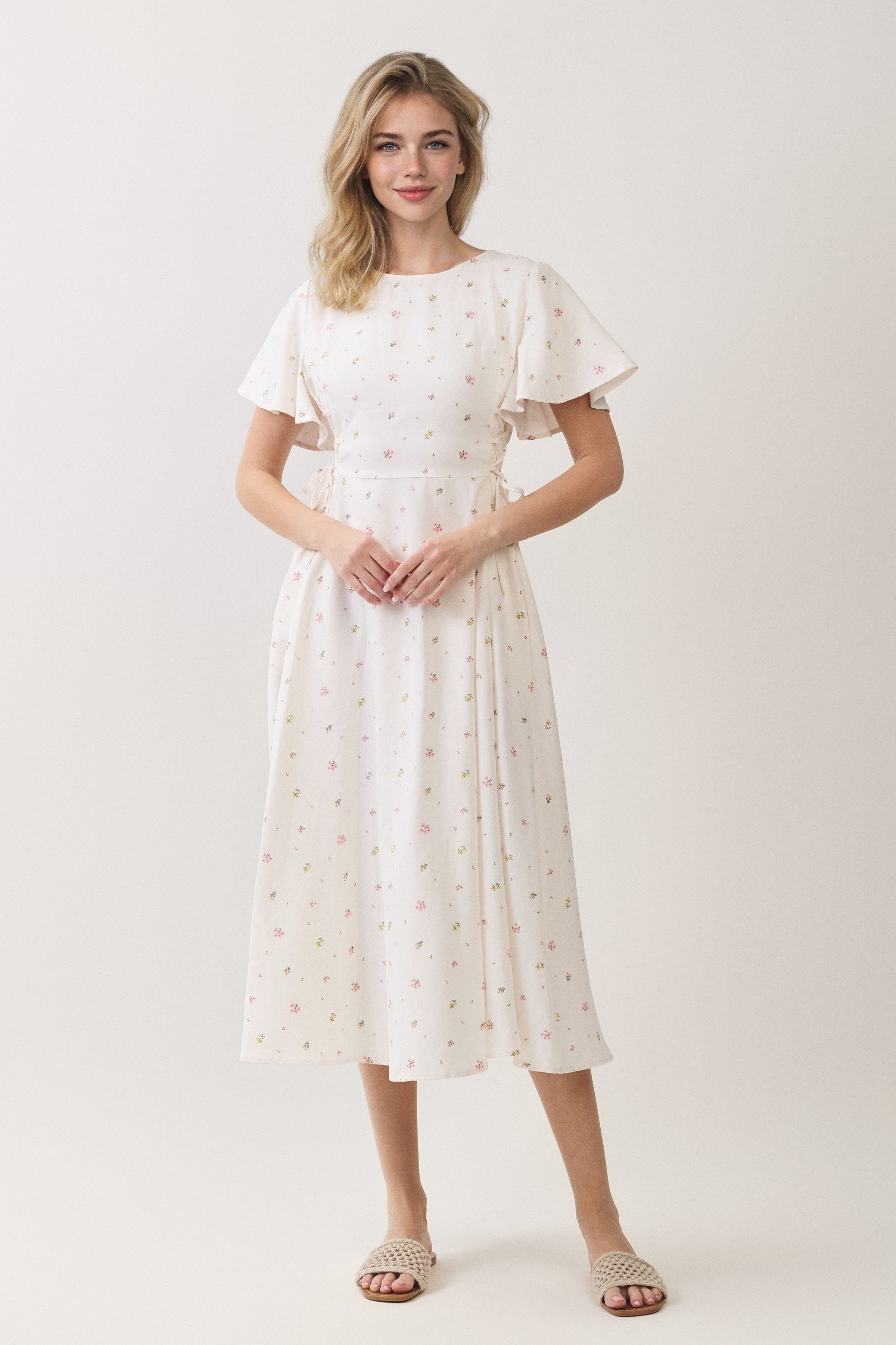 Ditsy Floral Lace Up Waist Midi Dress