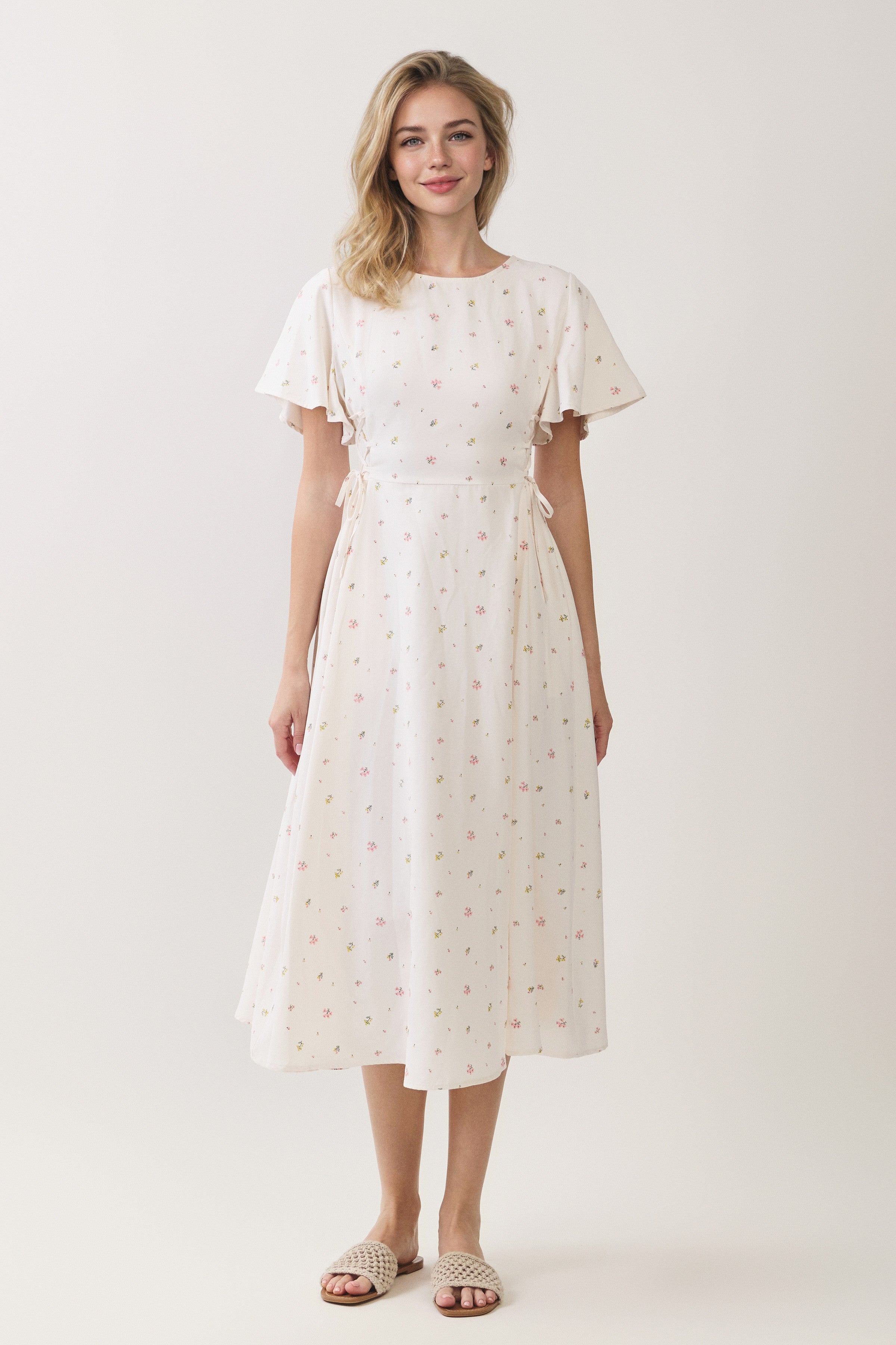 Ditsy Floral Lace Up Waist Midi Dress