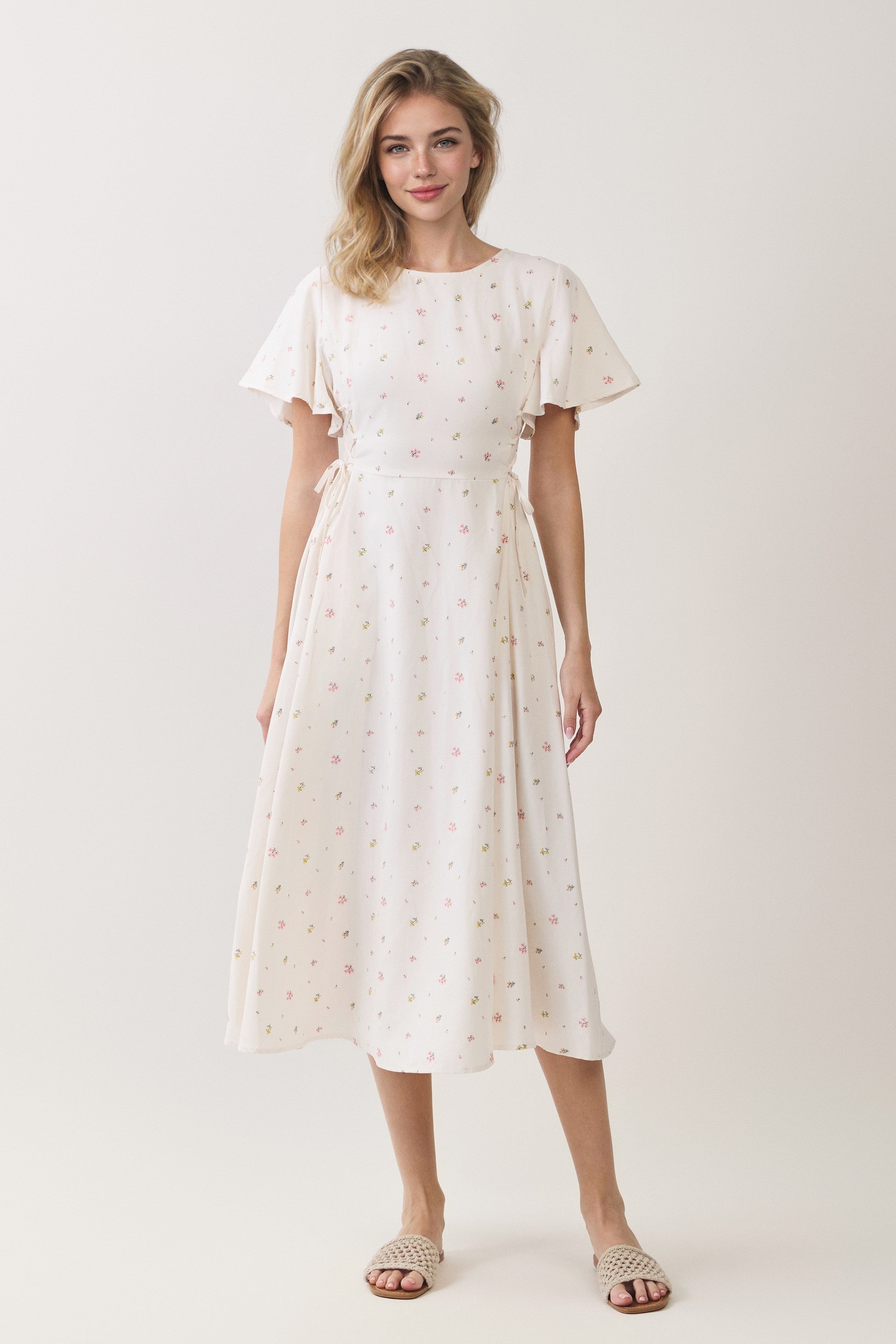Ditsy Floral Lace Up Waist Midi Dress