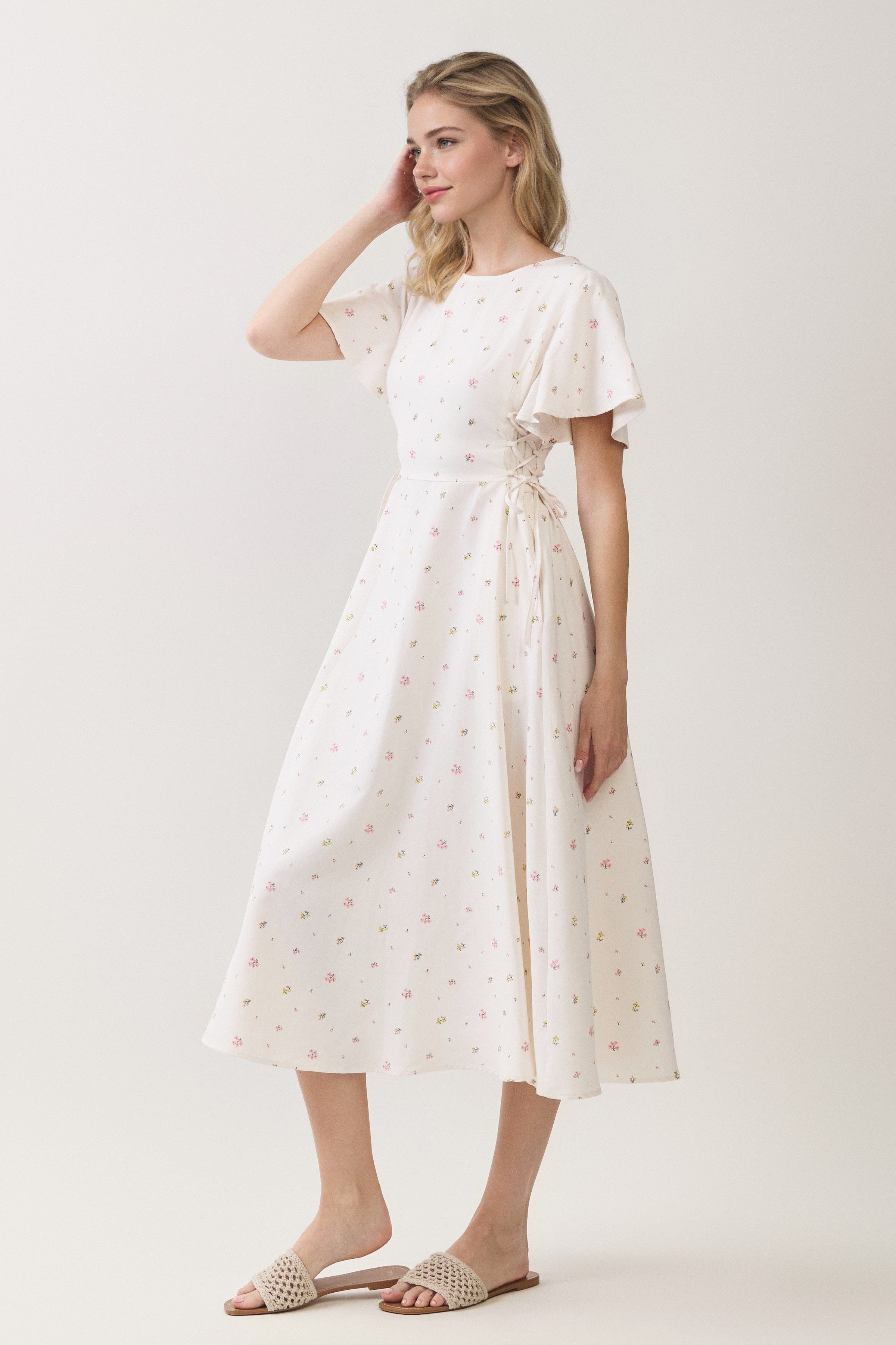 Ditsy Floral Lace Up Waist Midi Dress