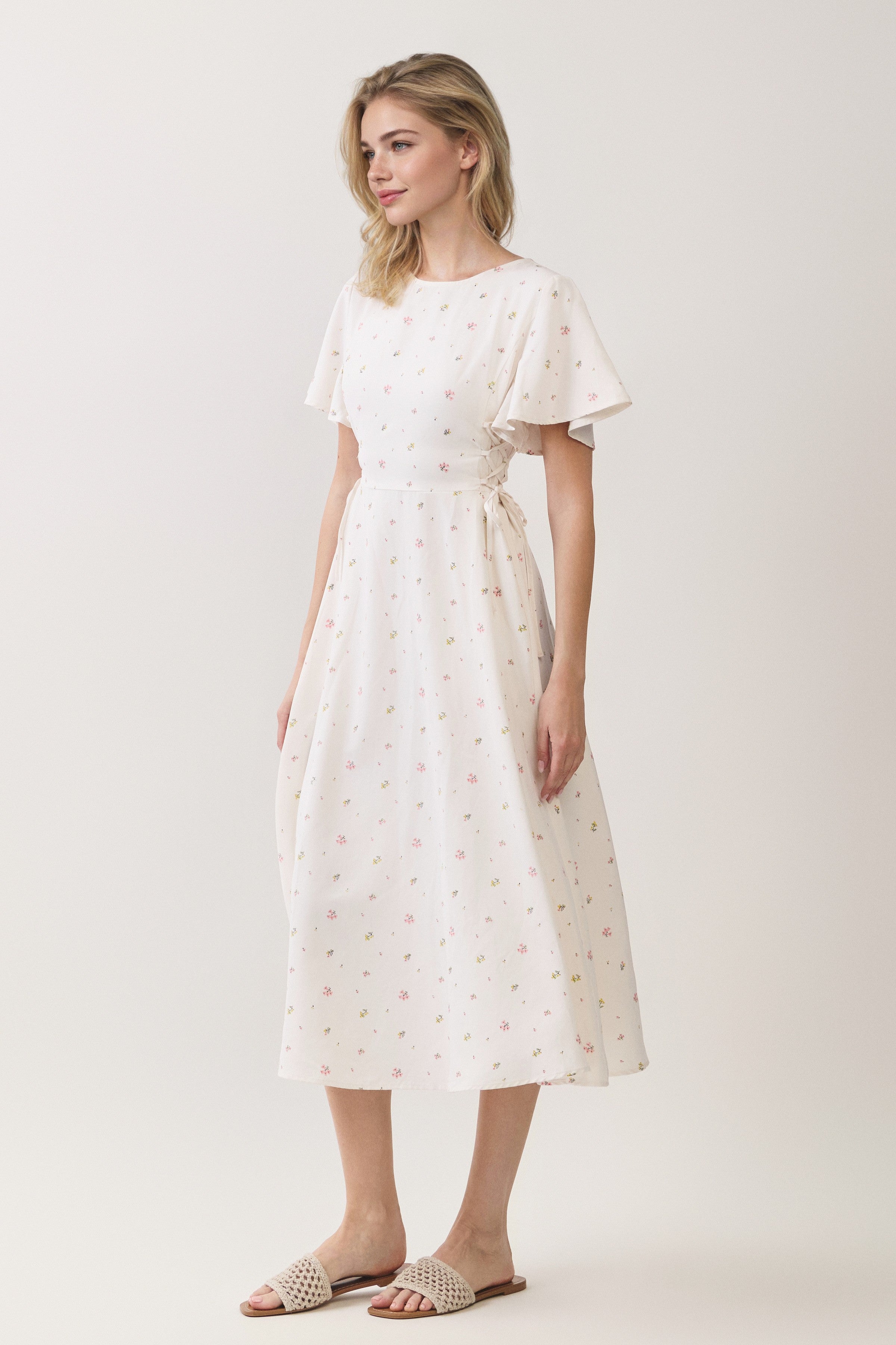 Ditsy Floral Lace Up Waist Midi Dress