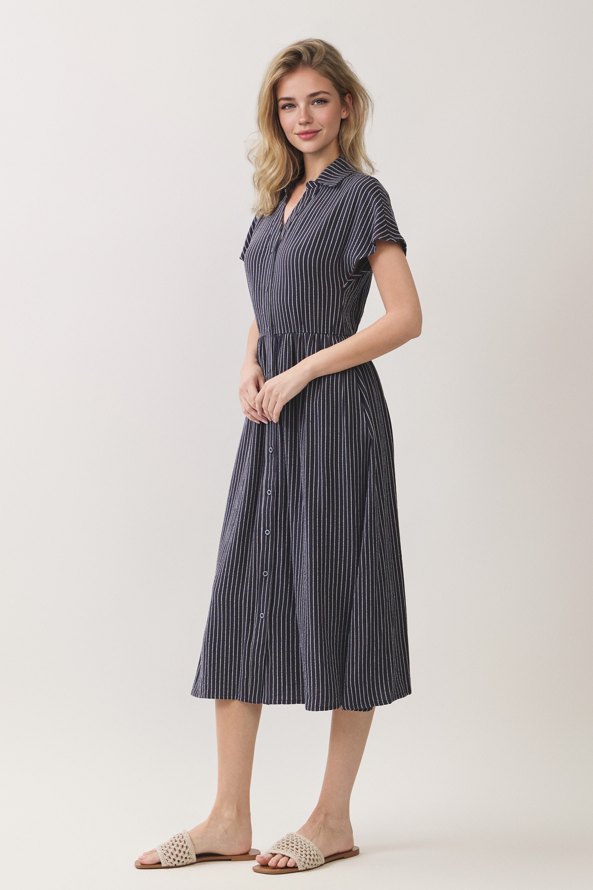 Striped Button Front Shirt Midi Dress