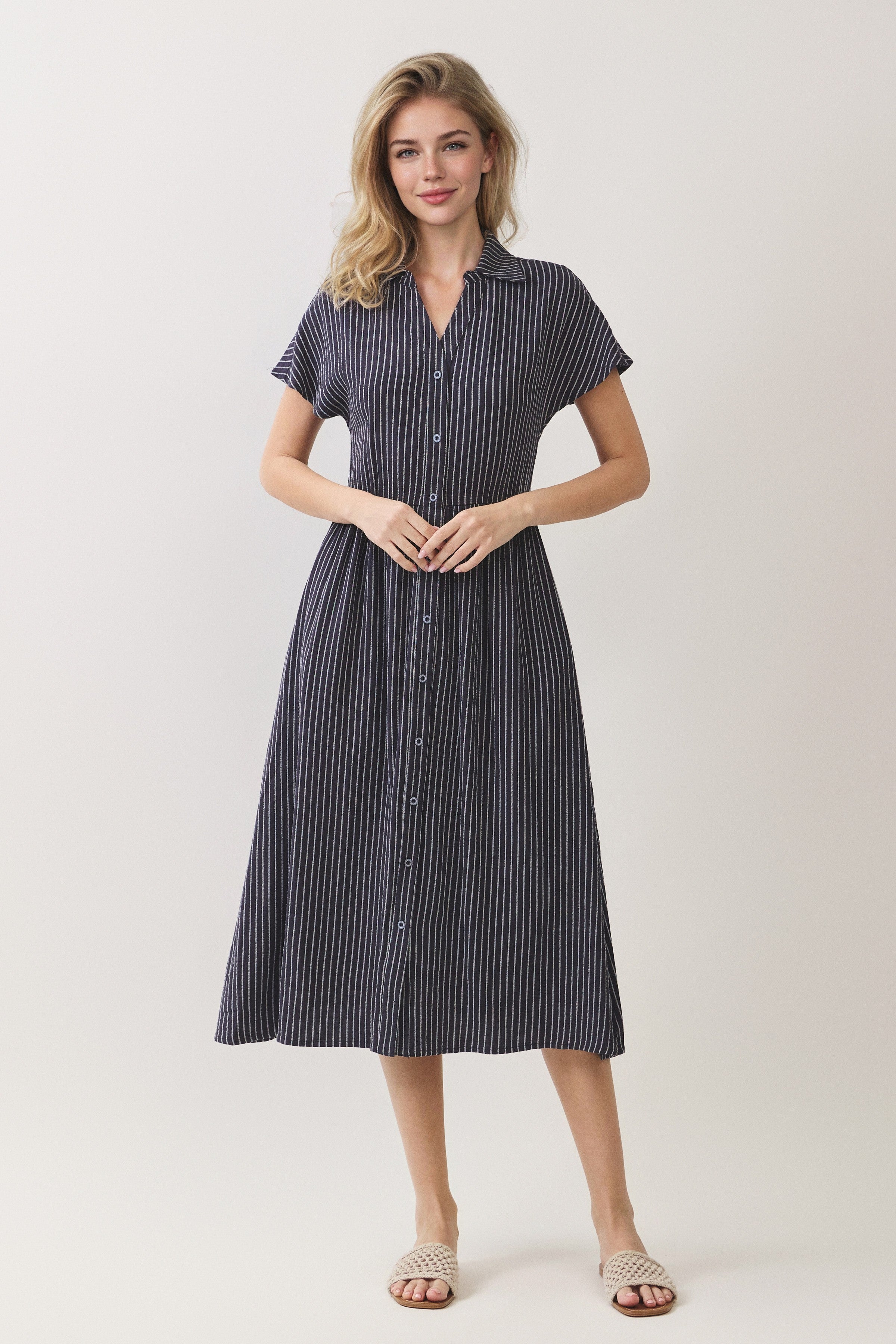 Striped Button Front Shirt Midi Dress