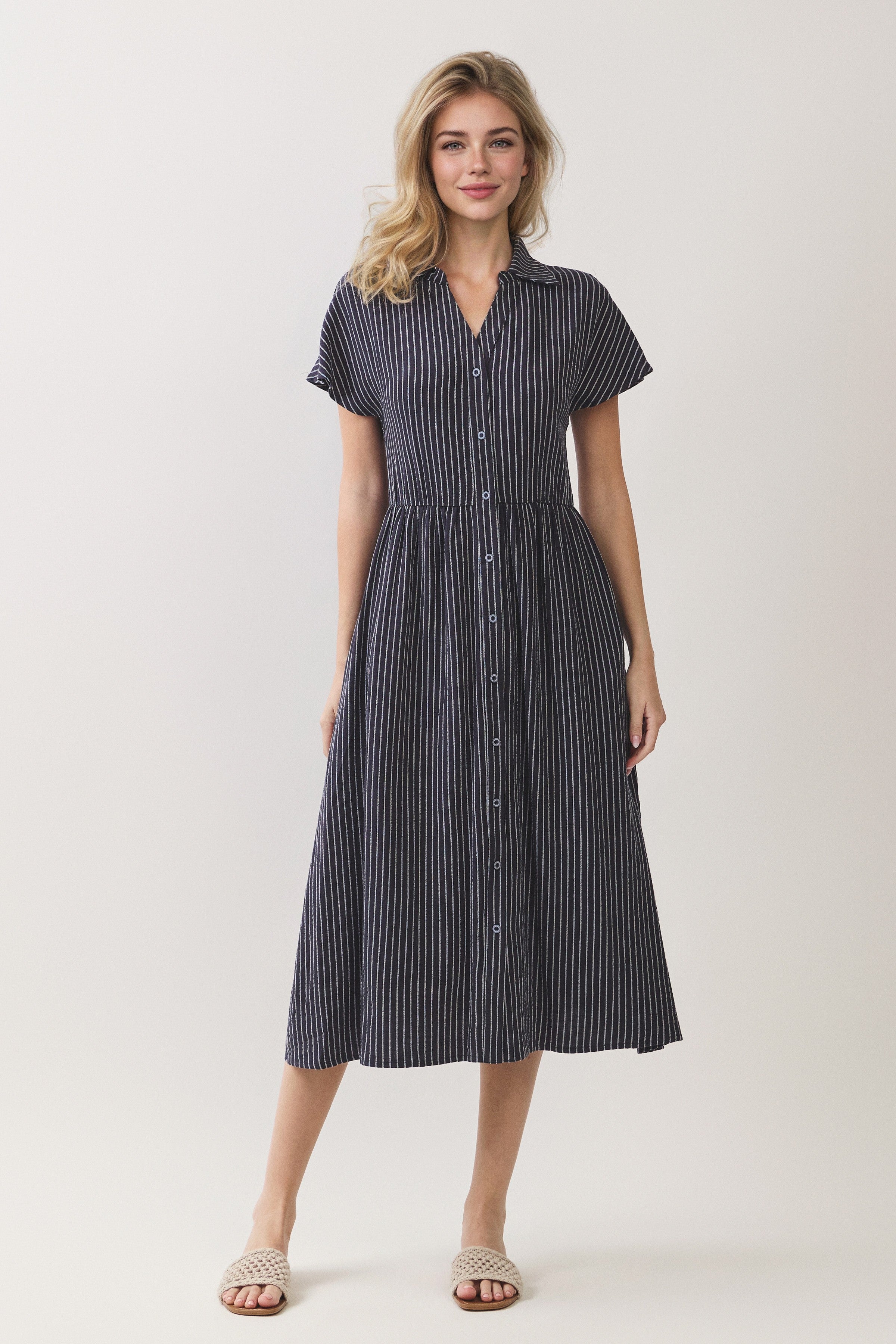 Striped Button Front Shirt Midi Dress