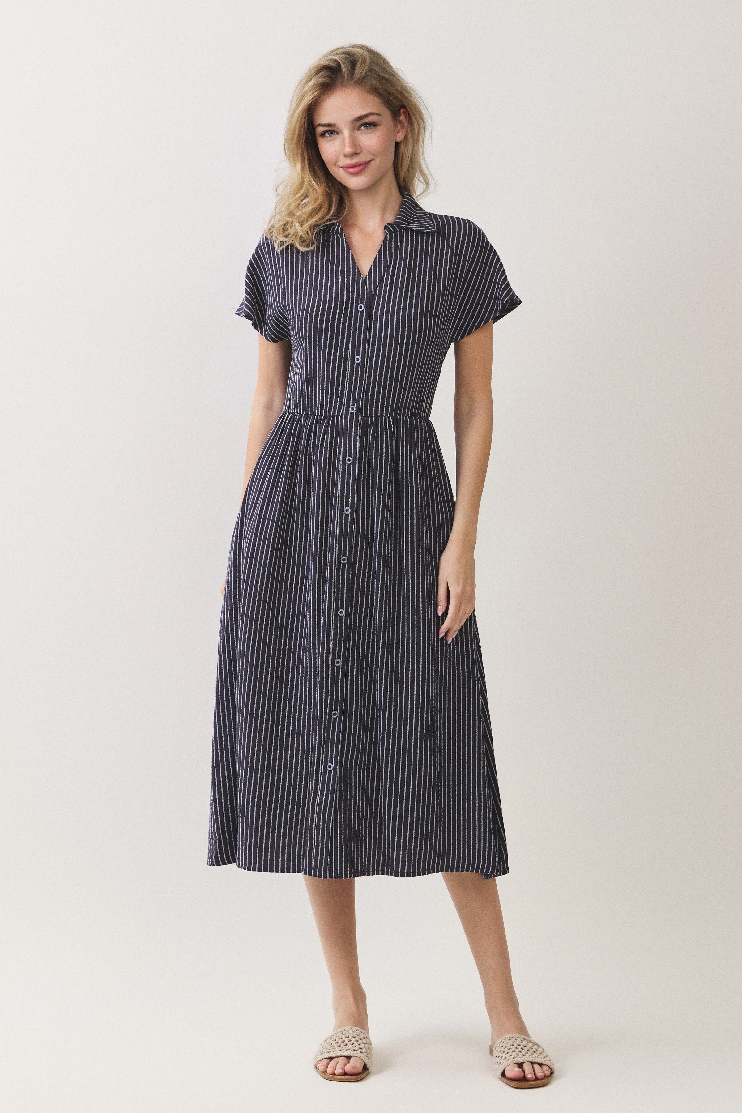 Striped Button Front Shirt Midi Dress