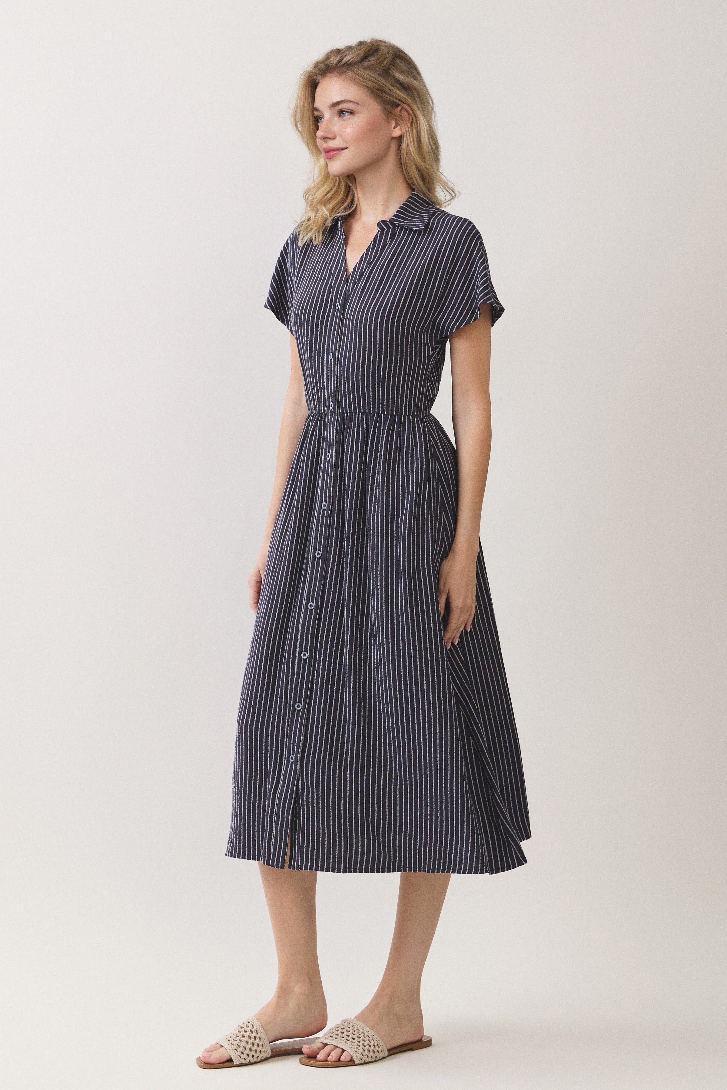 Striped Button Front Shirt Midi Dress