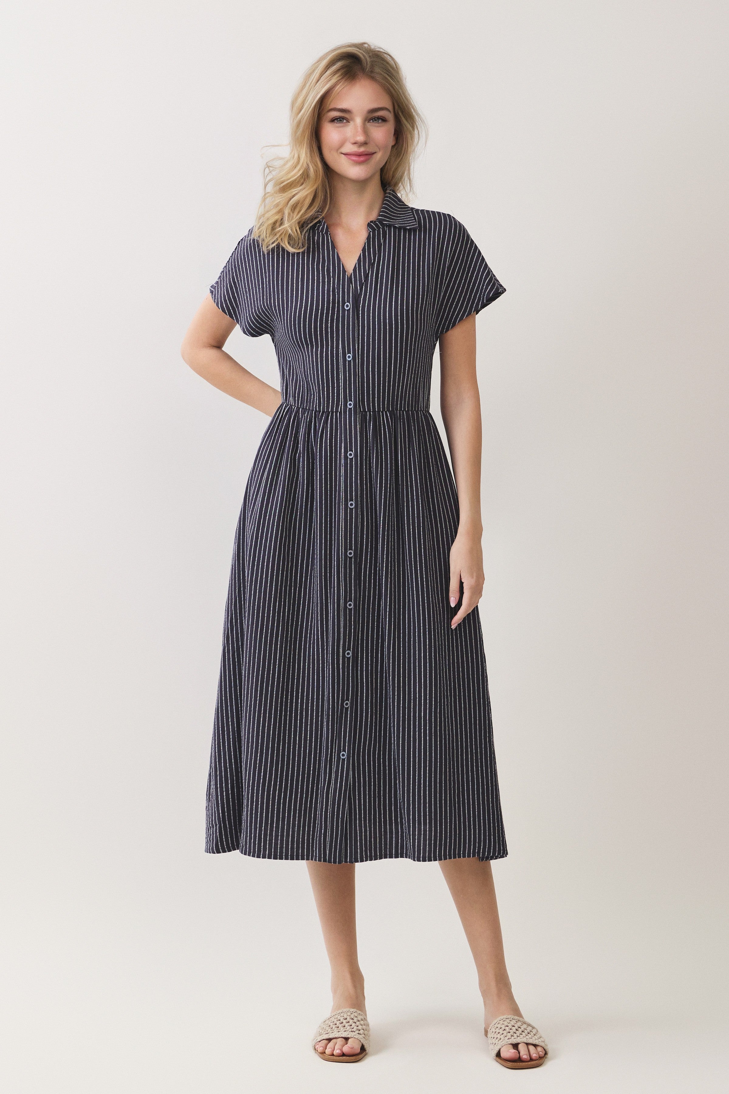 Striped Button Front Shirt Midi Dress