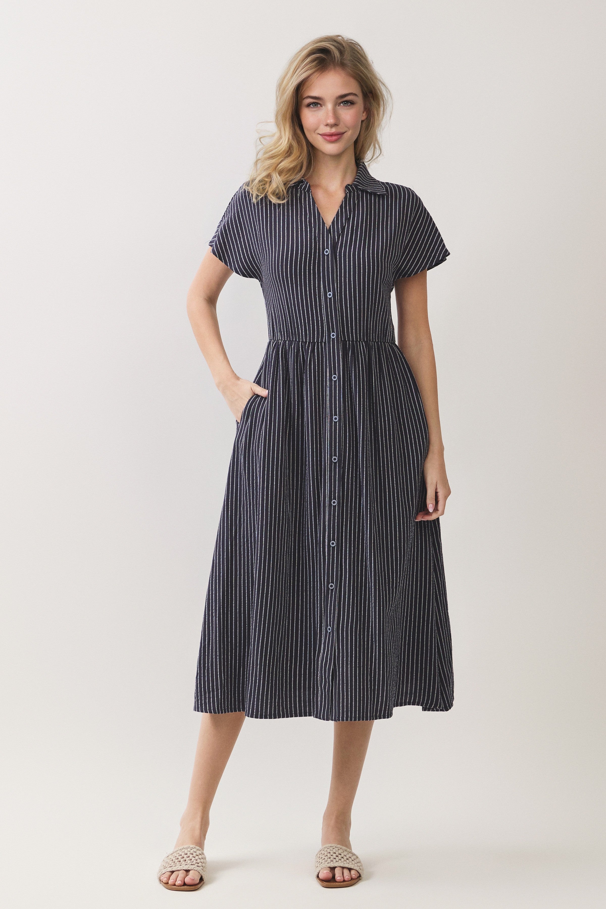 Striped Button Front Shirt Midi Dress