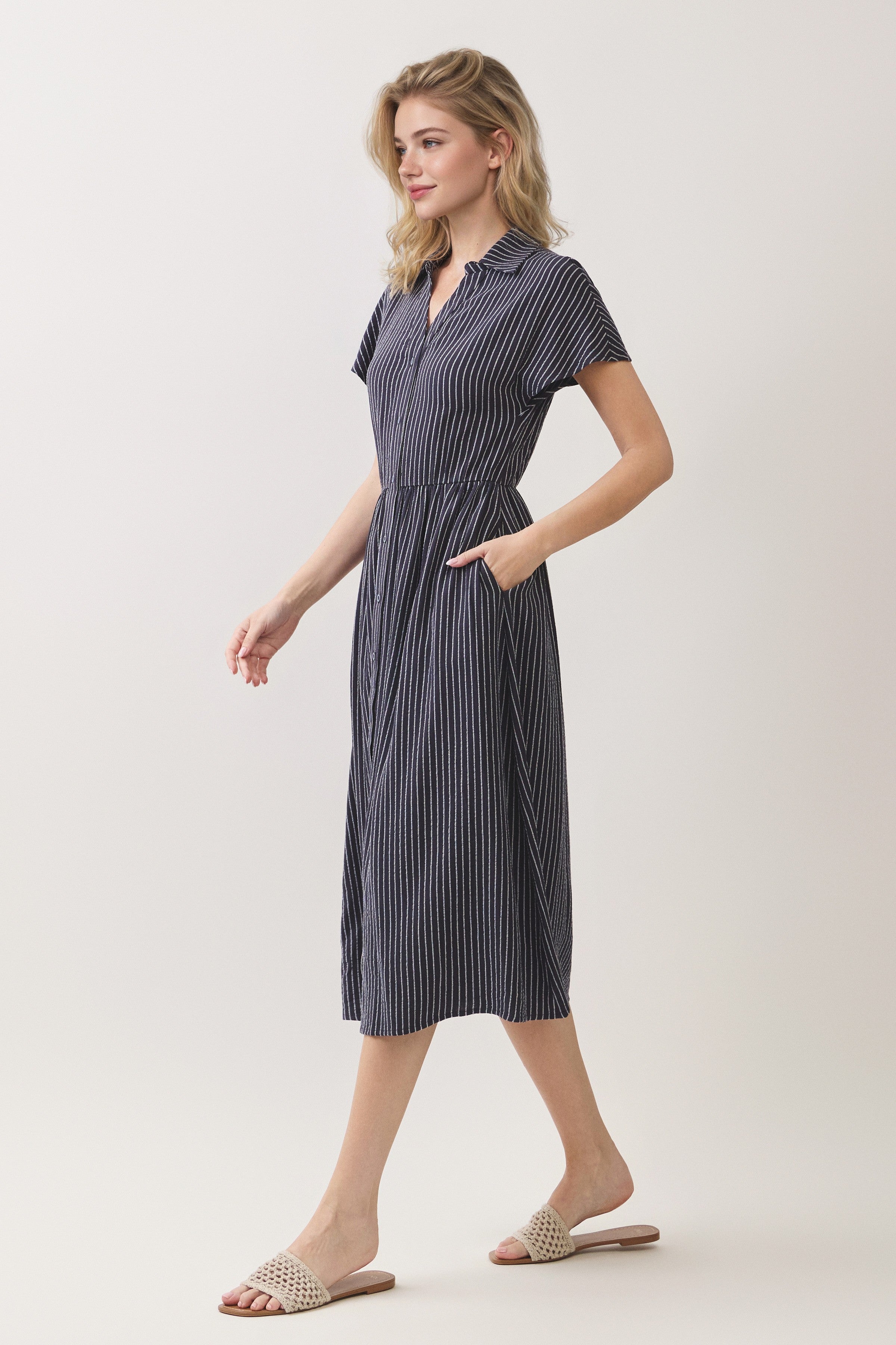 Striped Button Front Shirt Midi Dress
