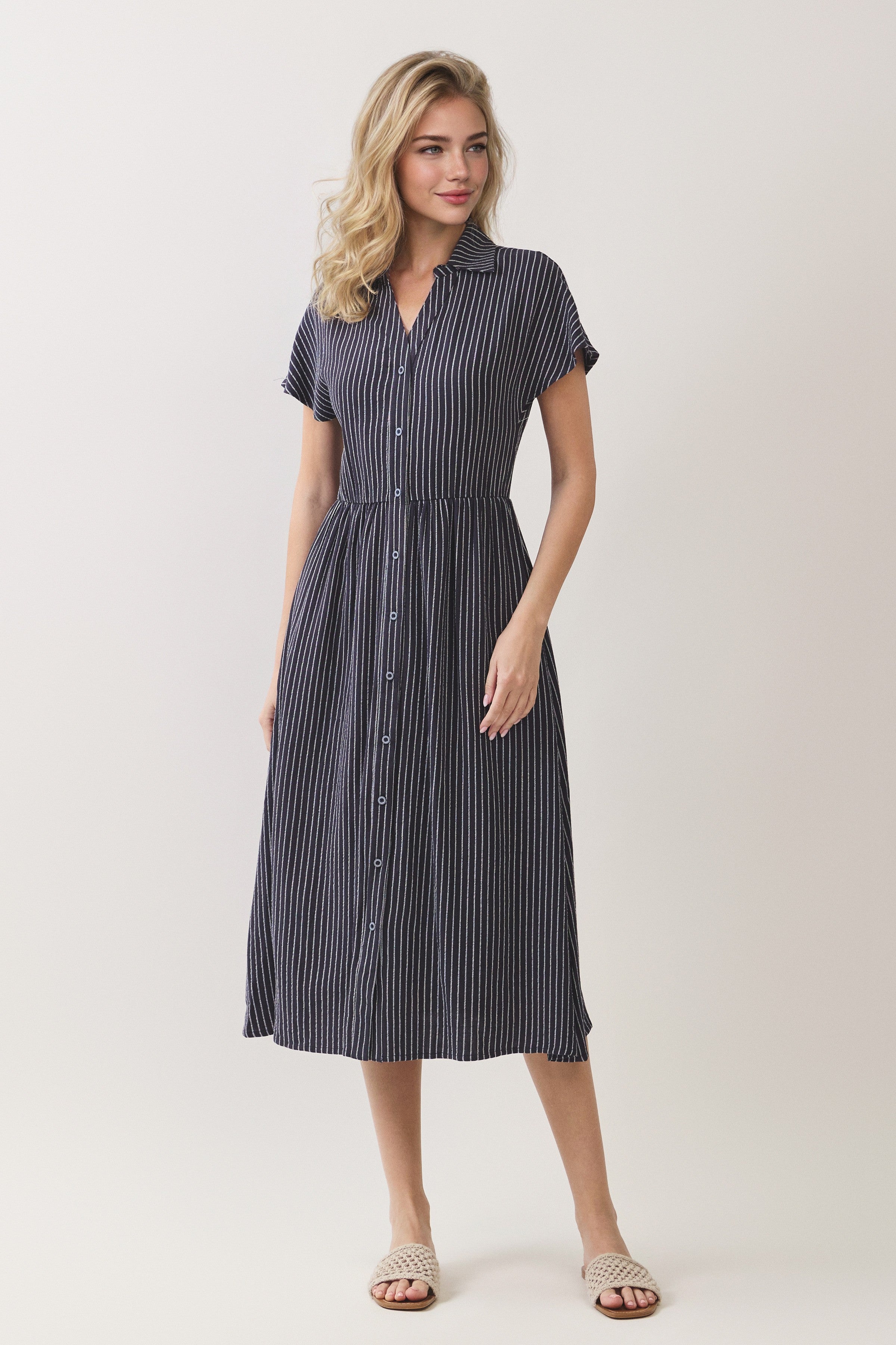 Striped Button Front Shirt Midi Dress