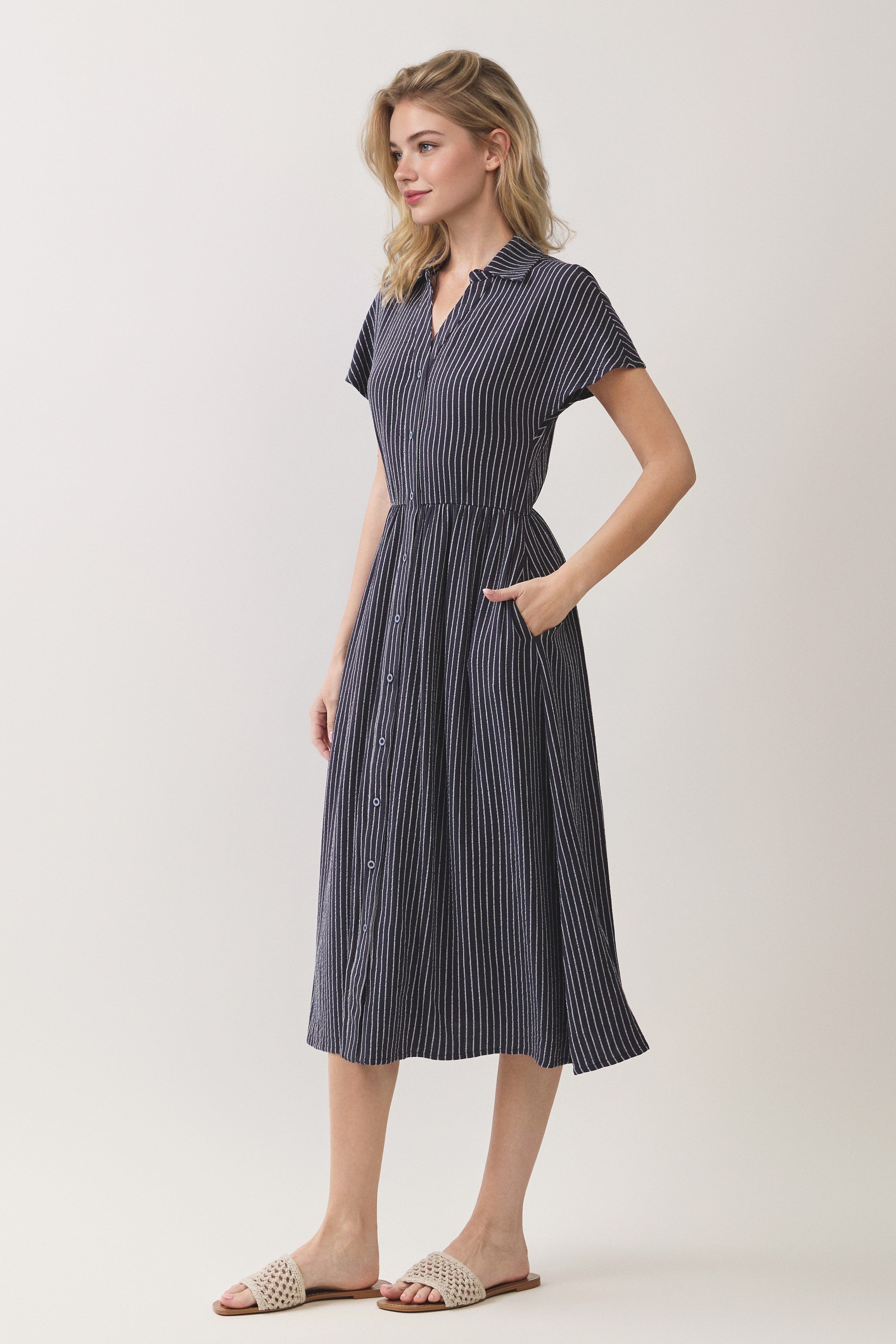 Striped Button Front Shirt Midi Dress