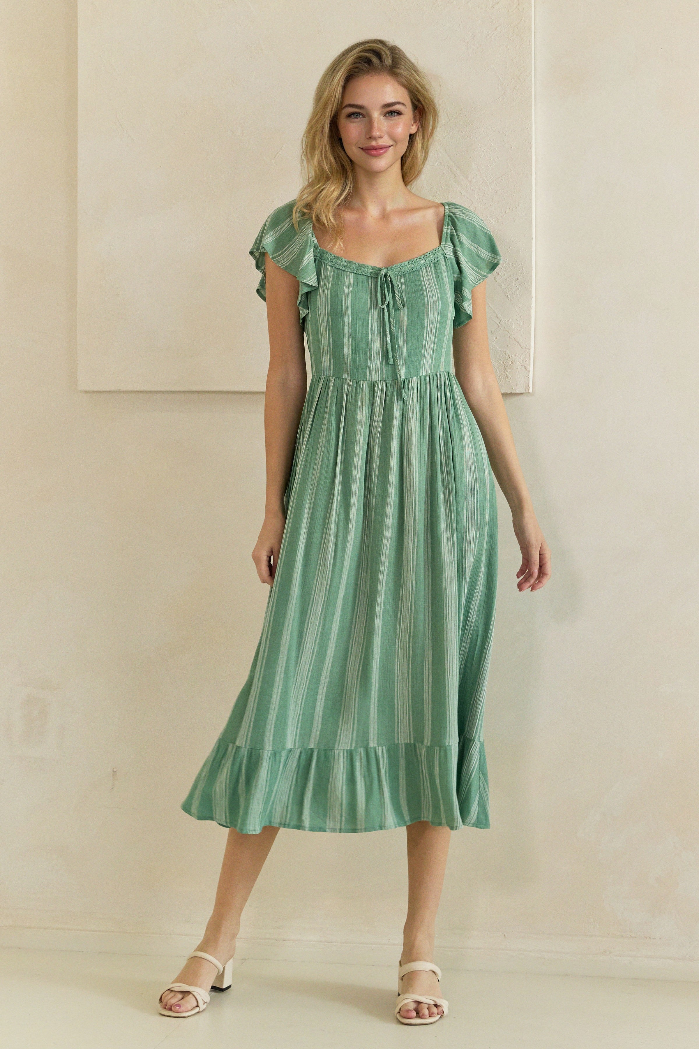 Striped Lace Trim Sweetheart Flutter Sleeve Midi Dress