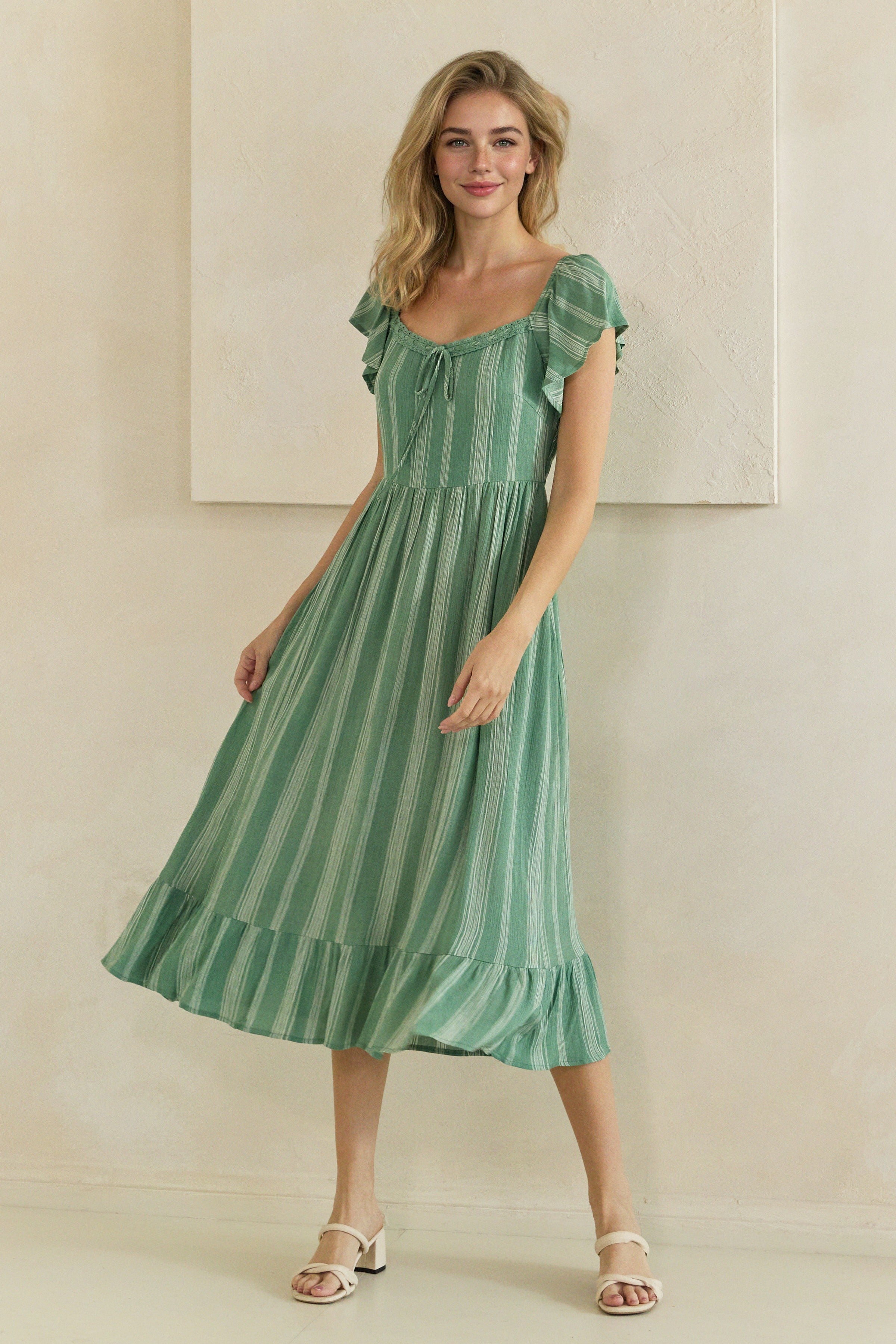 Striped Lace Trim Sweetheart Flutter Sleeve Midi Dress