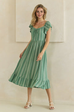 Striped Lace Trim Sweetheart Flutter Sleeve Midi Dress