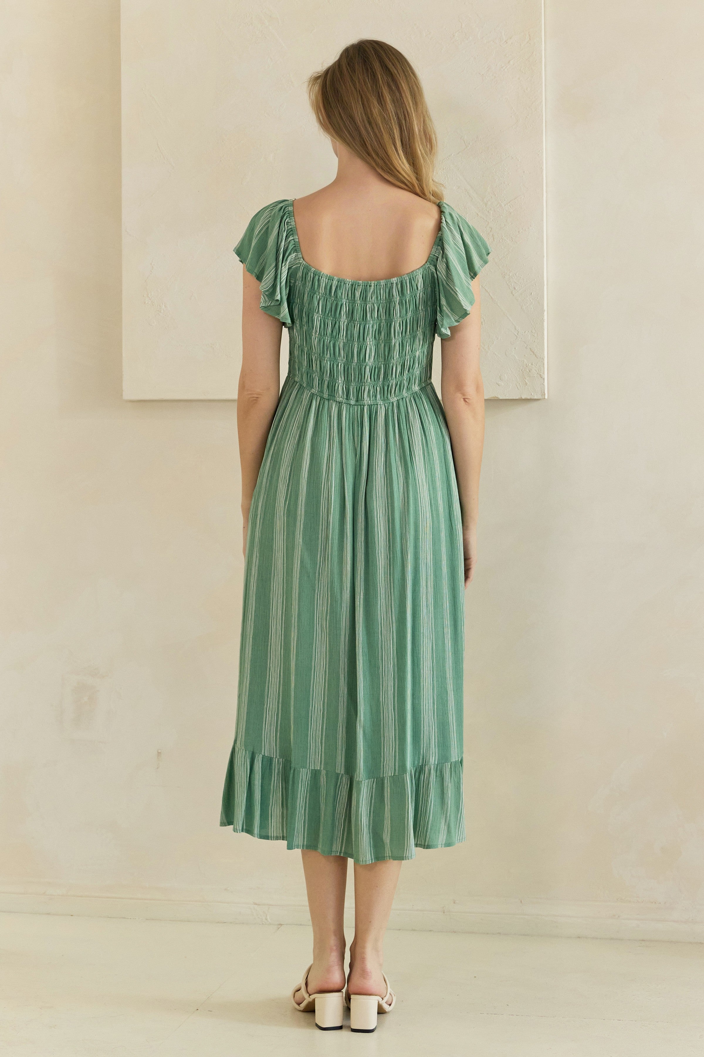 Striped Lace Trim Sweetheart Flutter Sleeve Midi Dress