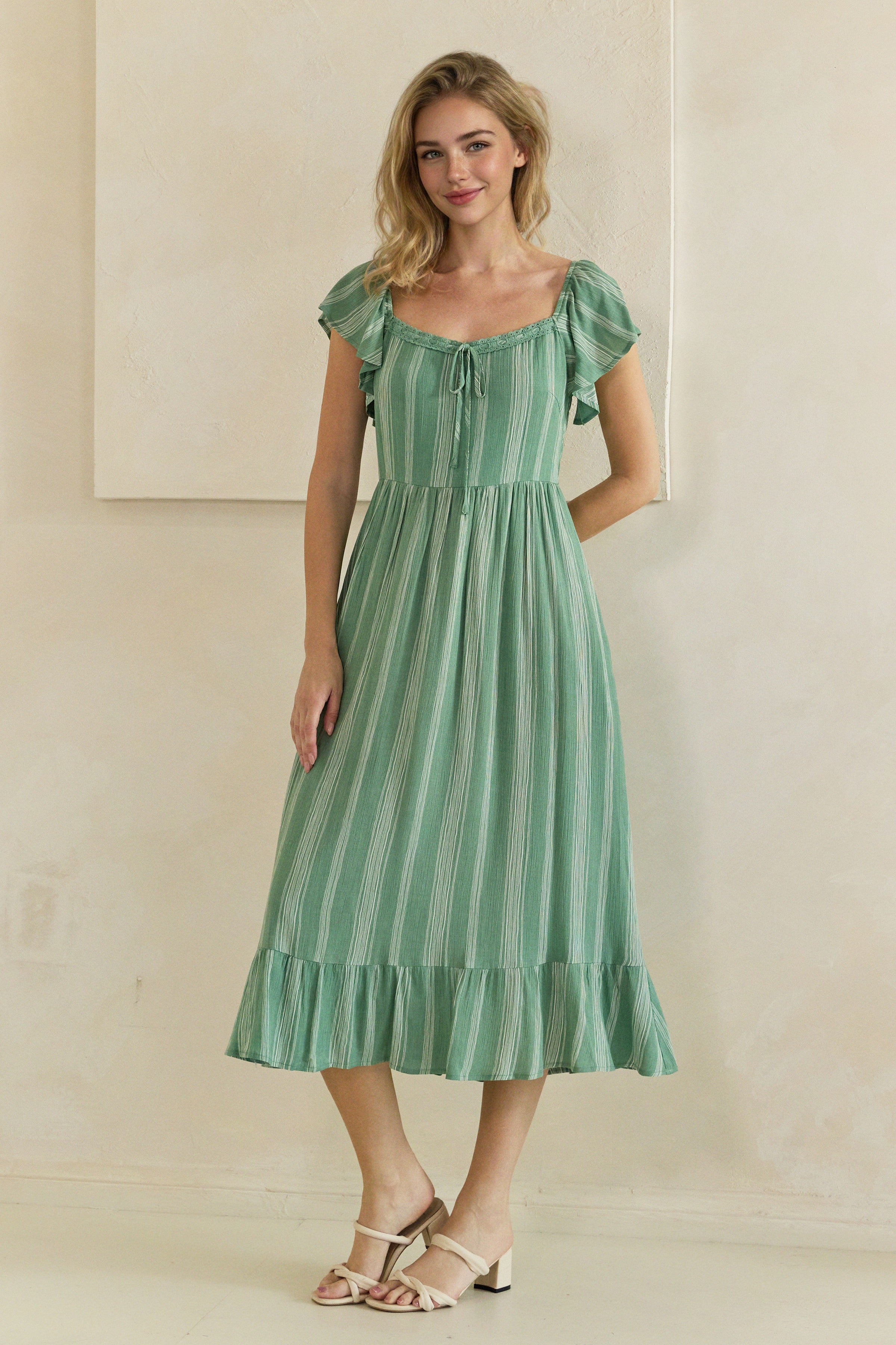 Striped Lace Trim Sweetheart Flutter Sleeve Midi Dress
