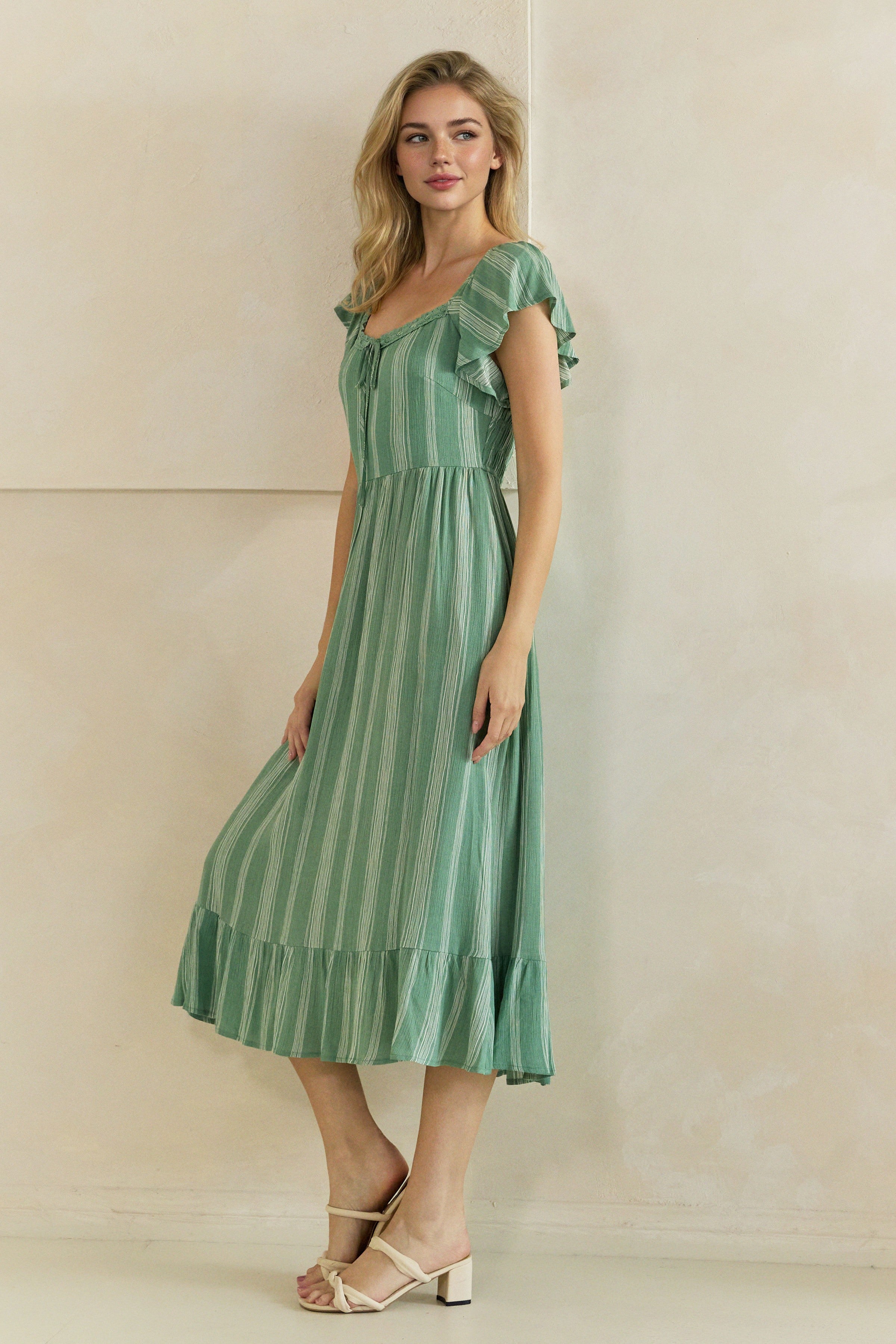 Striped Lace Trim Sweetheart Flutter Sleeve Midi Dress