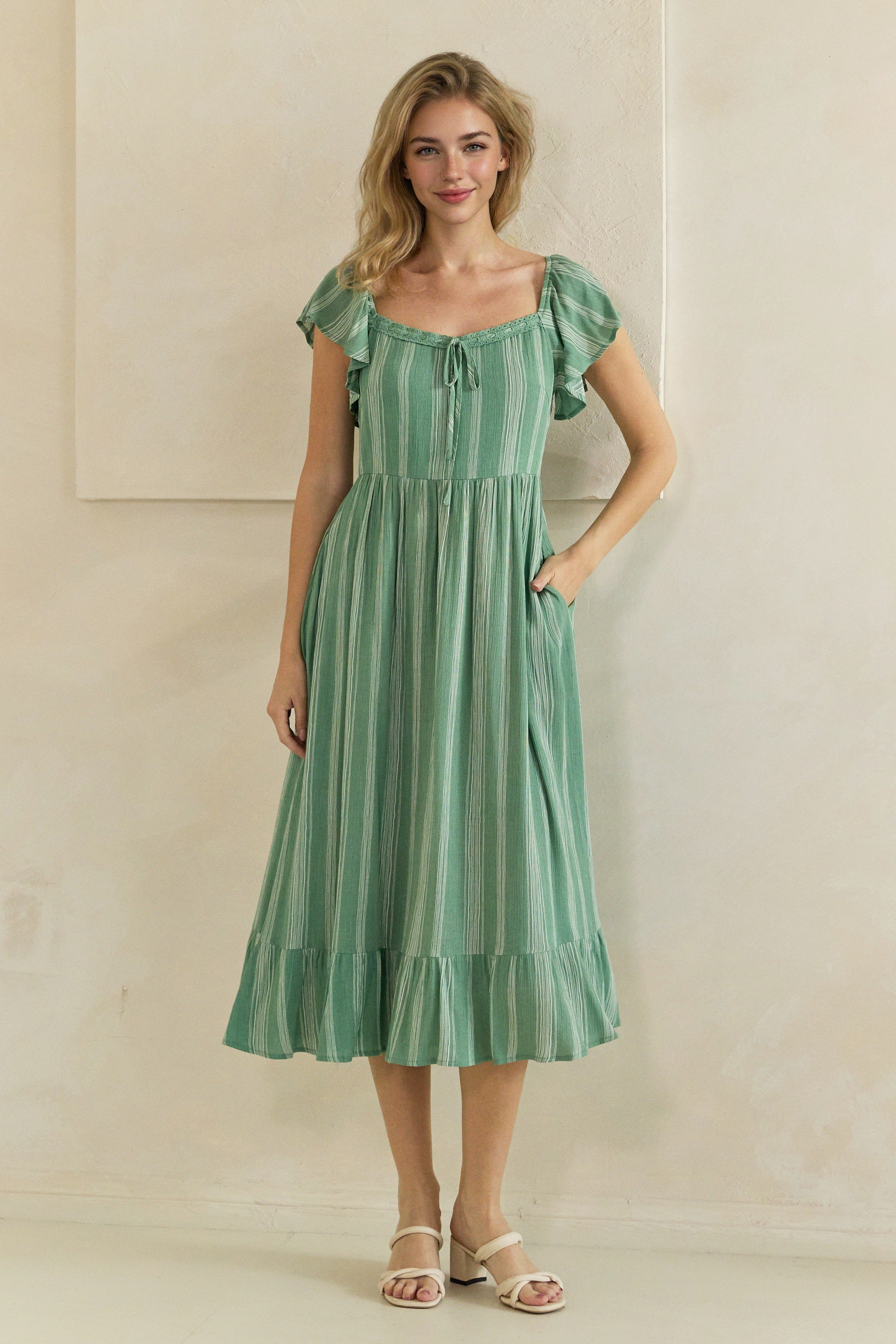 Striped Lace Trim Sweetheart Flutter Sleeve Midi Dress