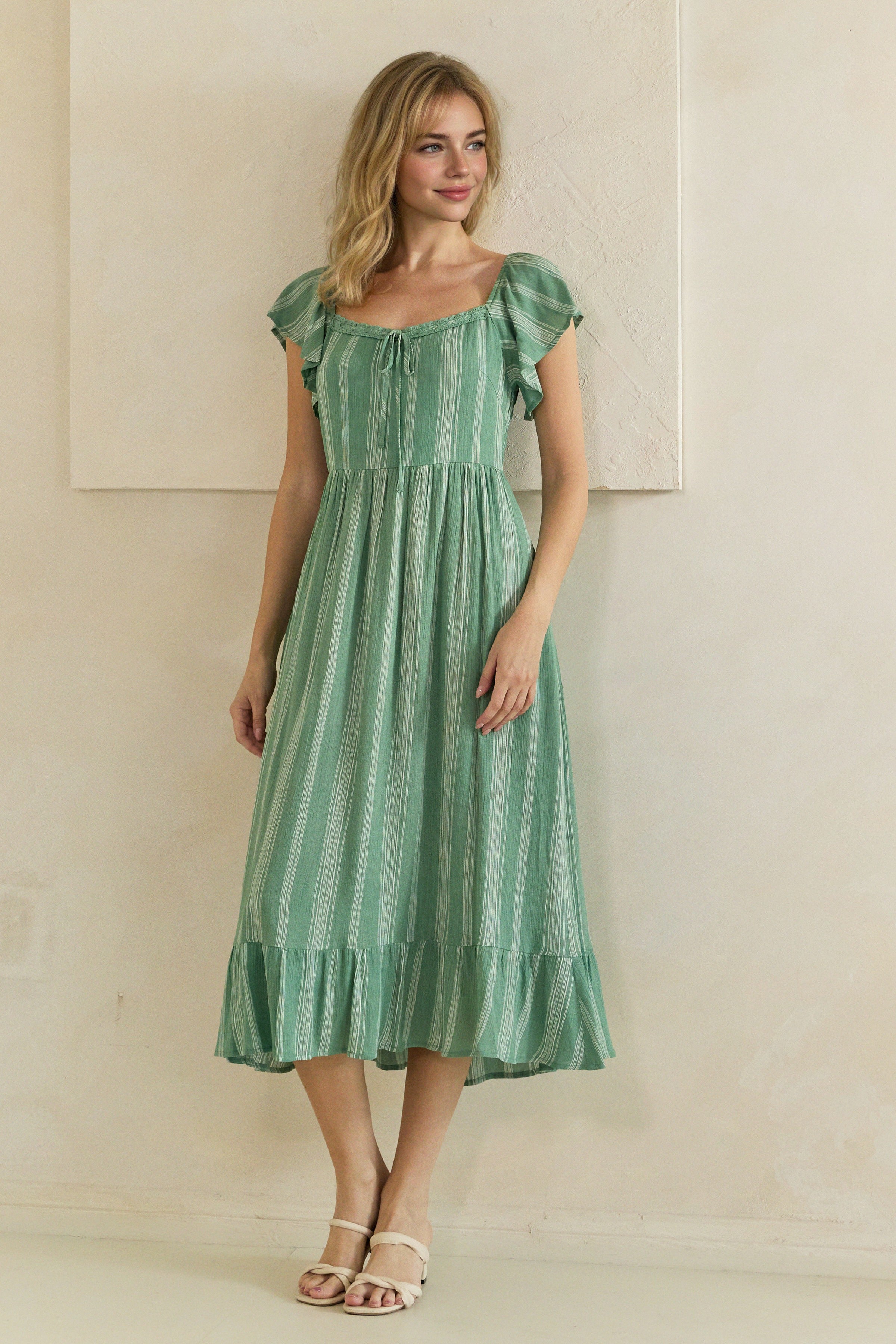 Striped Lace Trim Sweetheart Flutter Sleeve Midi Dress