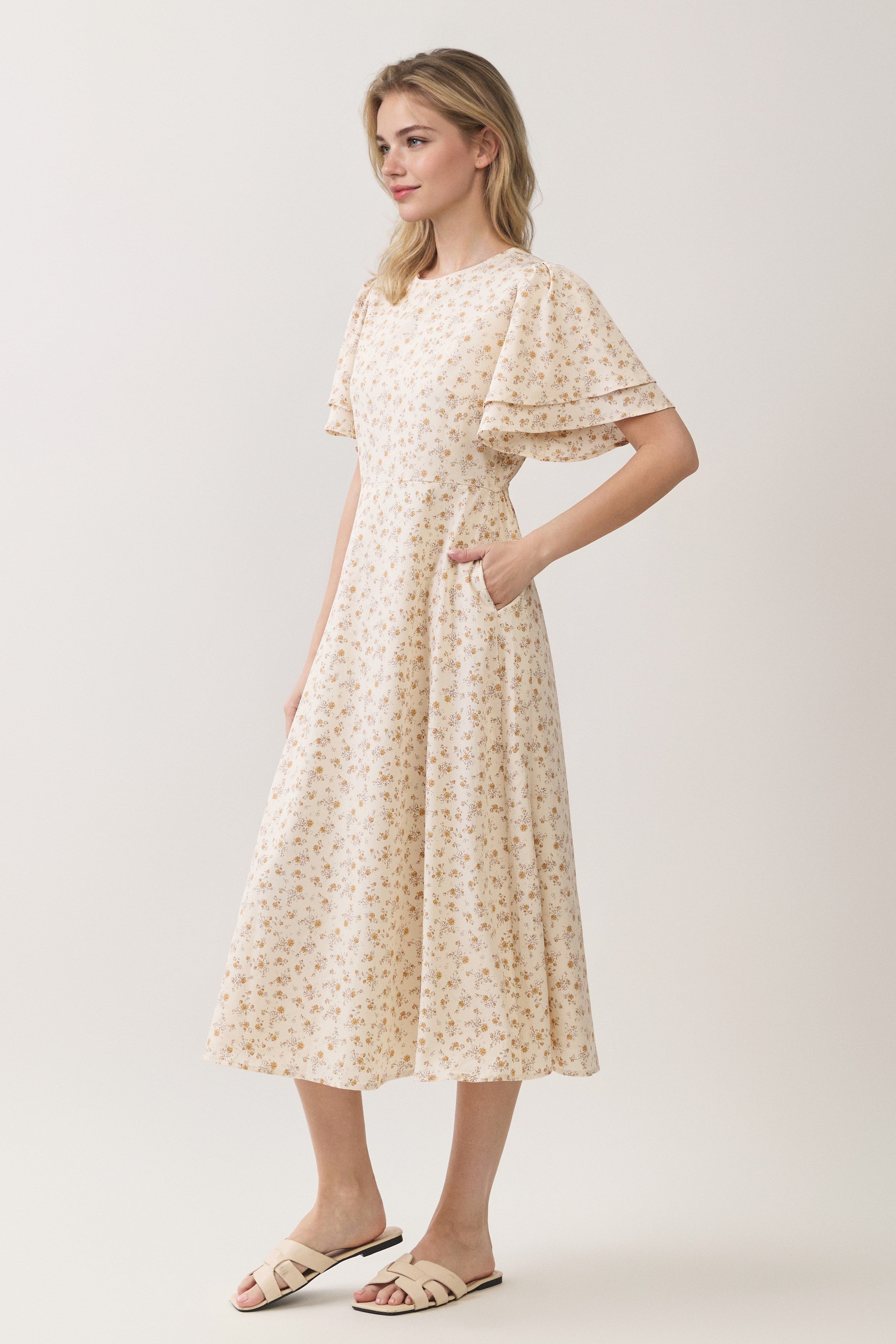 Ditsy Floral Tiered Flutter Sleeve Midi Dress