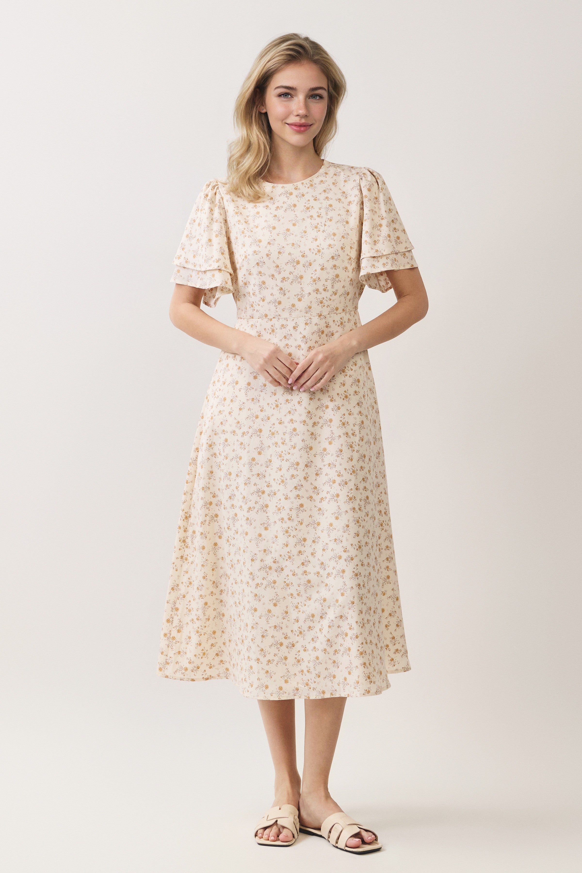 Ditsy Floral Tiered Flutter Sleeve Midi Dress