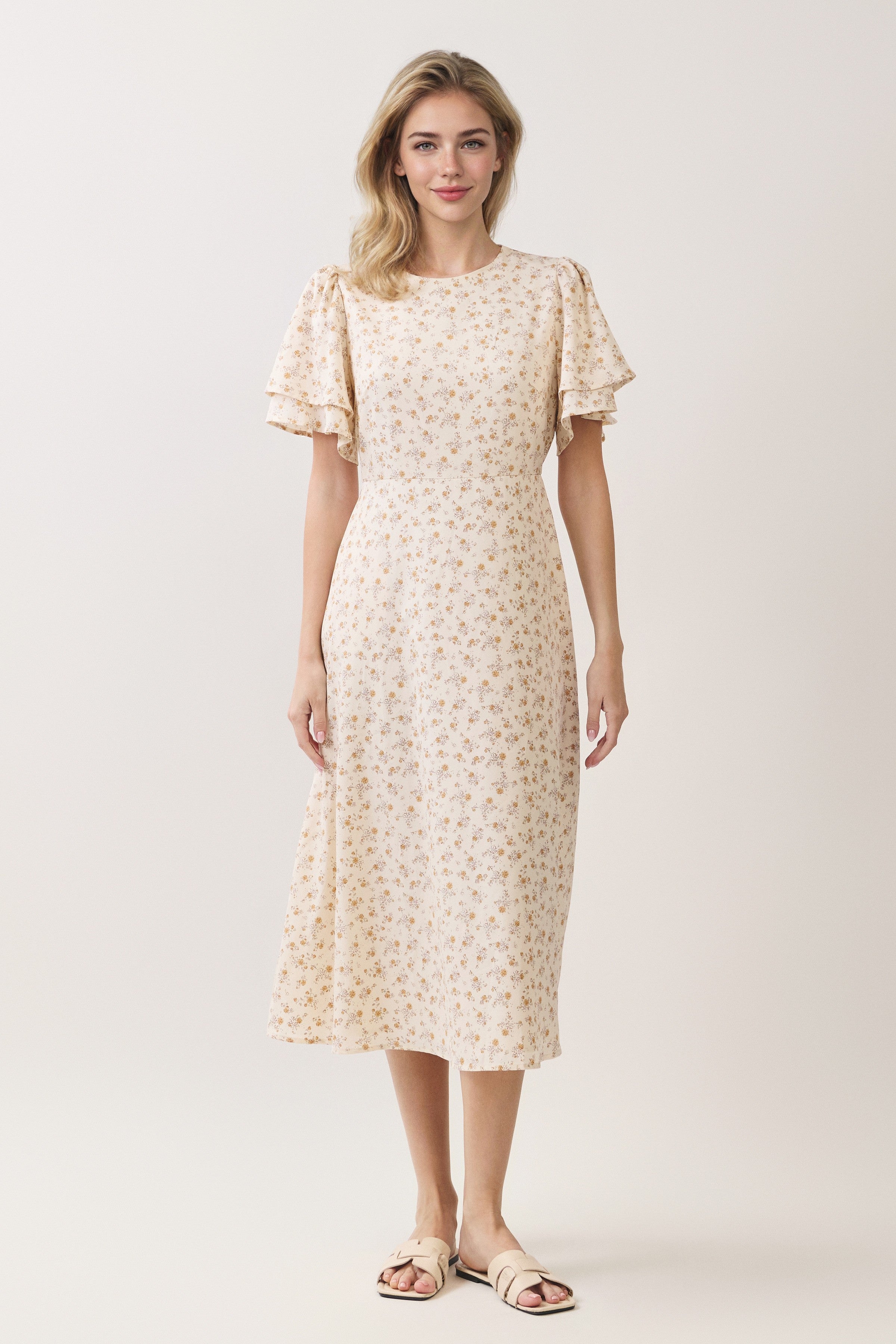 Ditsy Floral Tiered Flutter Sleeve Midi Dress