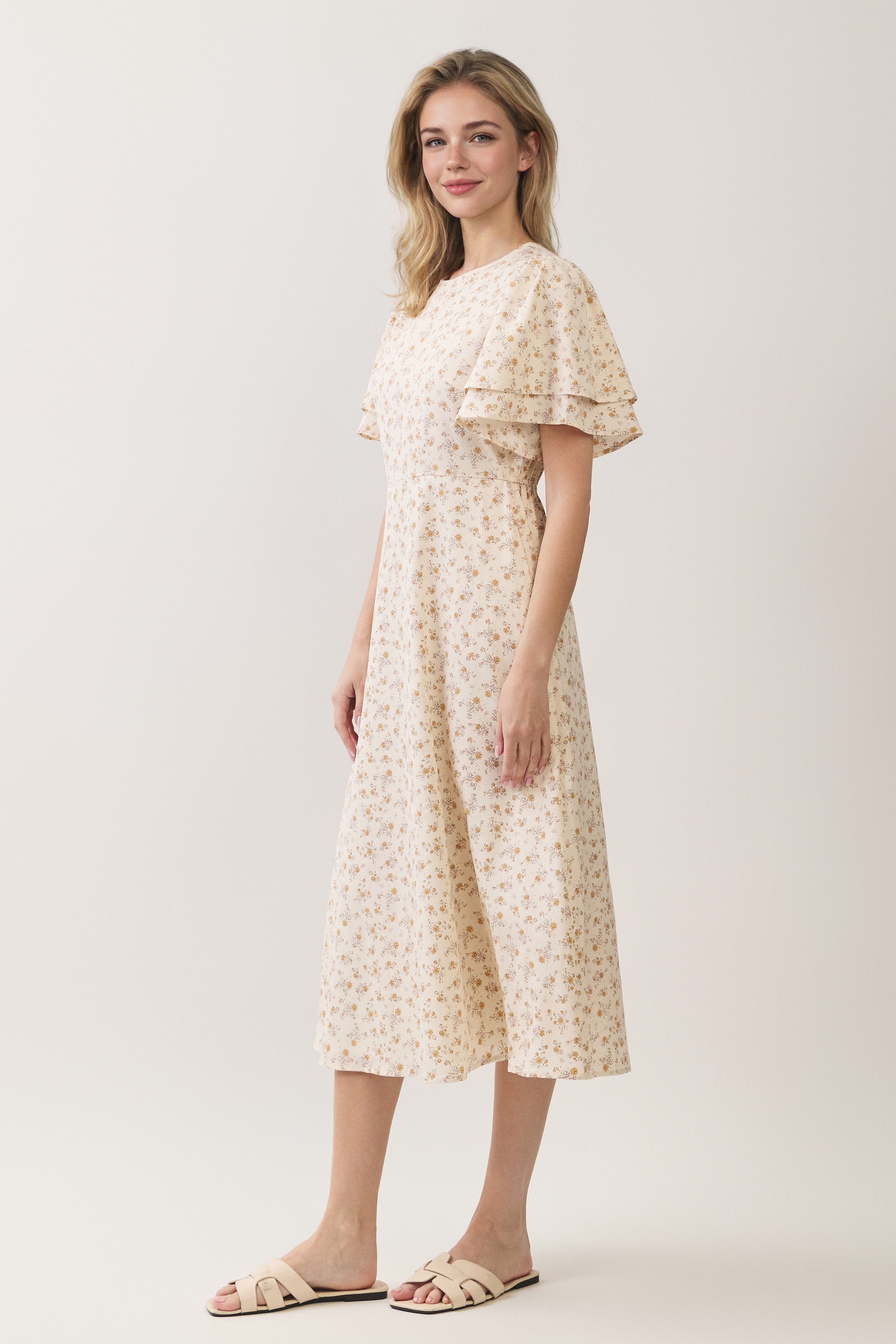 Ditsy Floral Tiered Flutter Sleeve Midi Dress