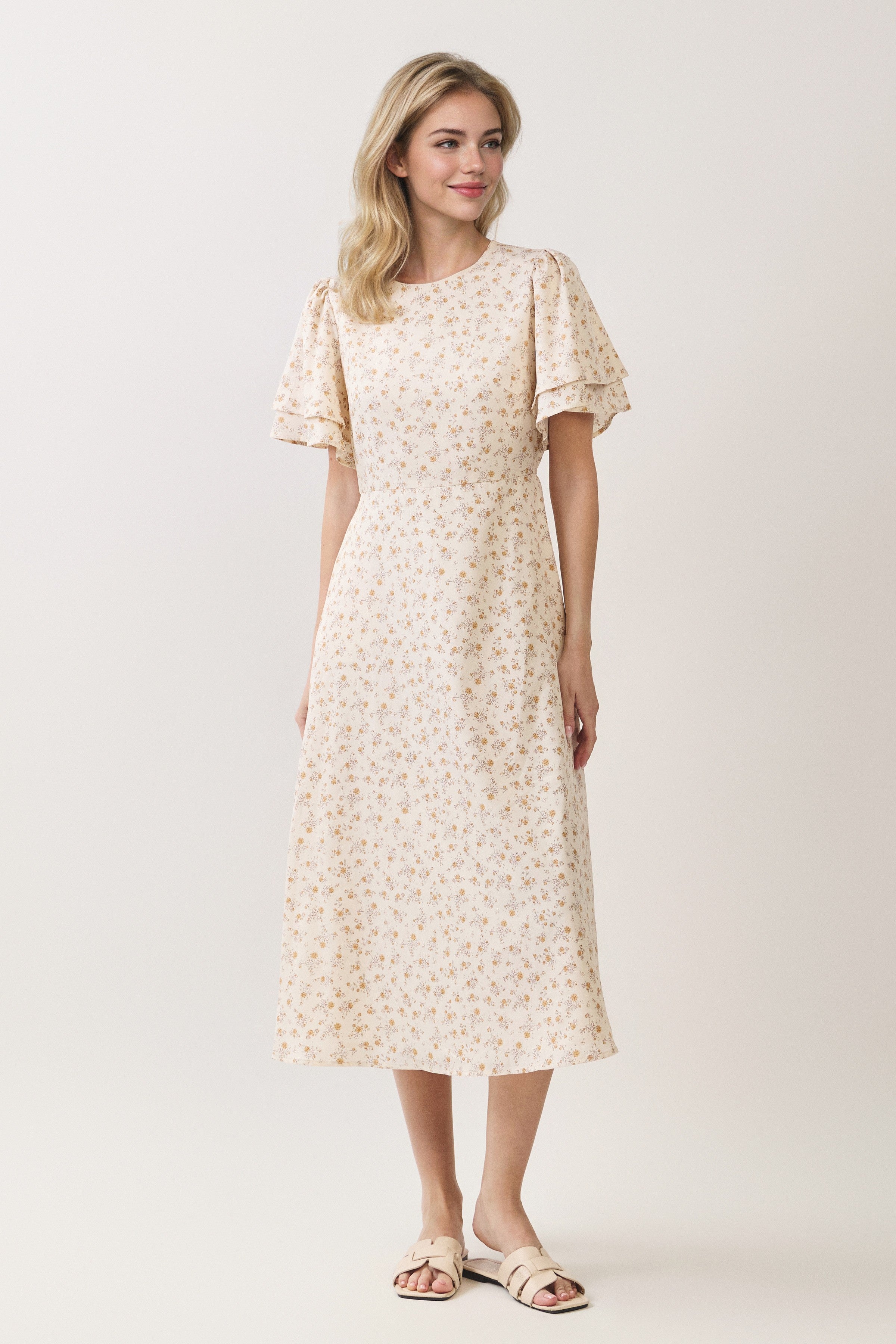 Ditsy Floral Tiered Flutter Sleeve Midi Dress