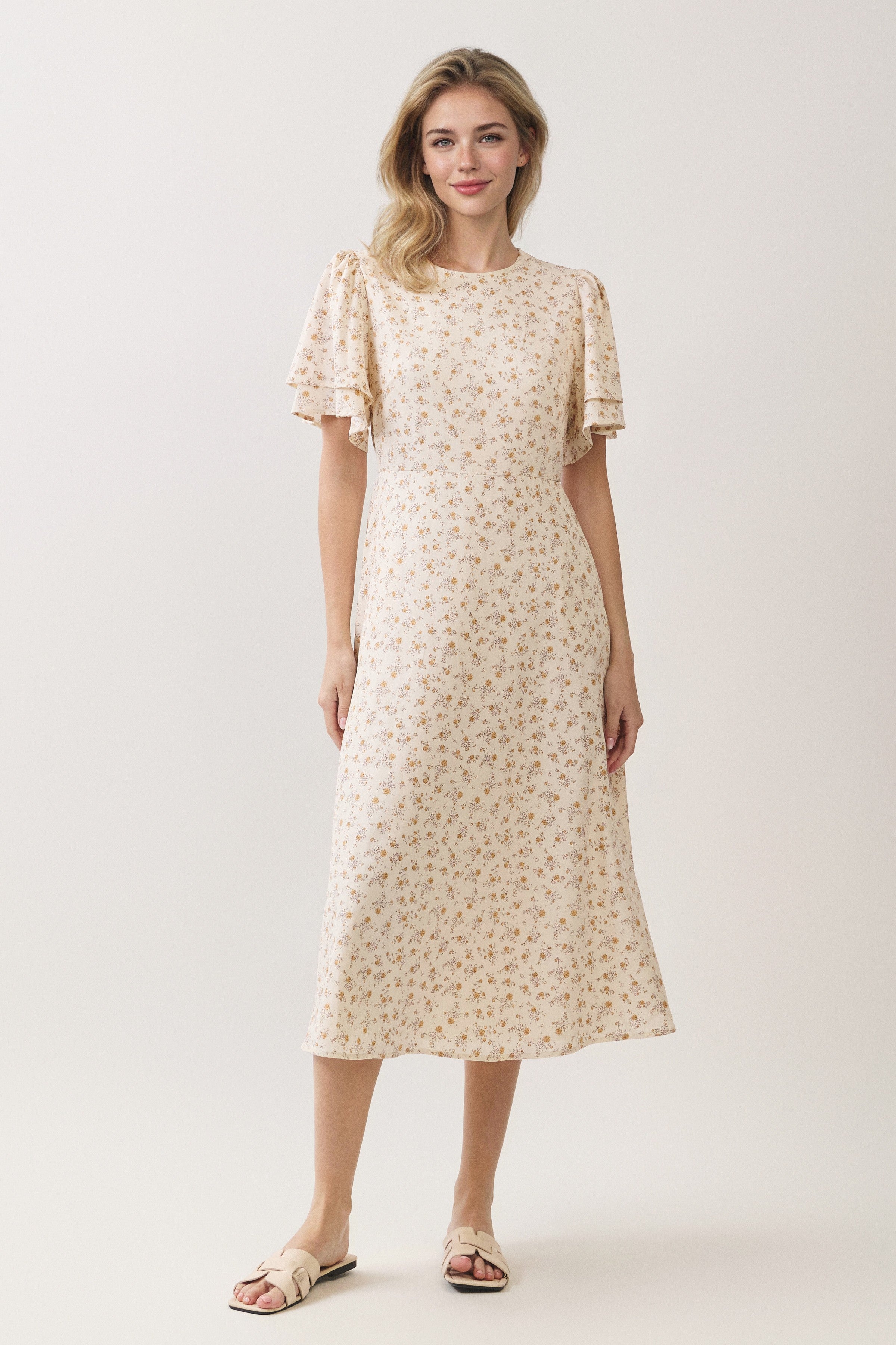Ditsy Floral Tiered Flutter Sleeve Midi Dress