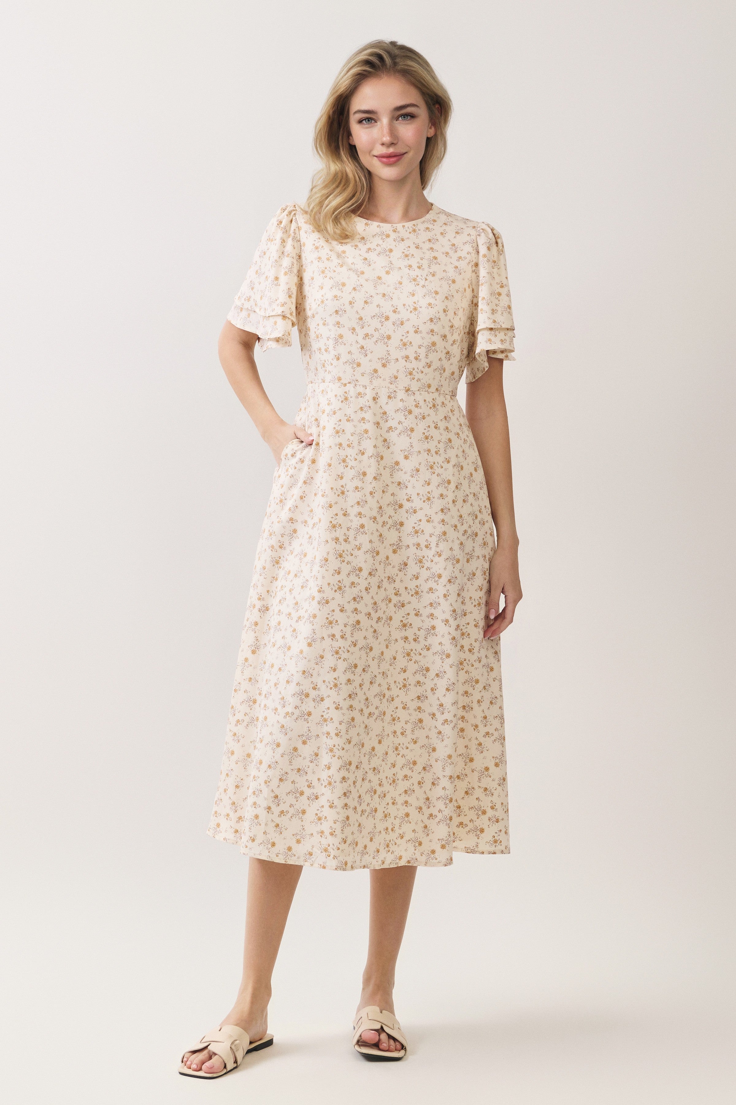 Ditsy Floral Tiered Flutter Sleeve Midi Dress