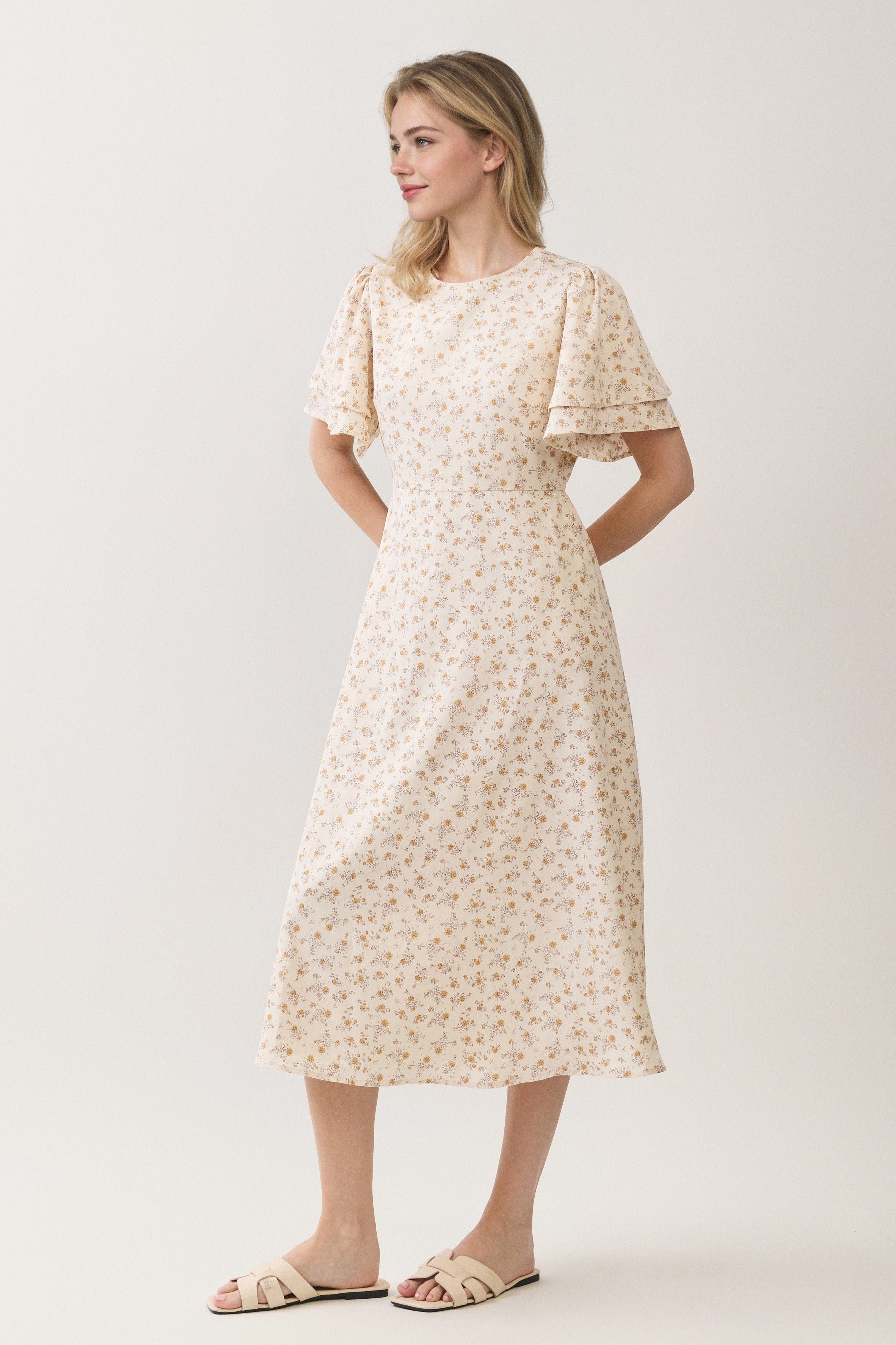 Ditsy Floral Tiered Flutter Sleeve Midi Dress