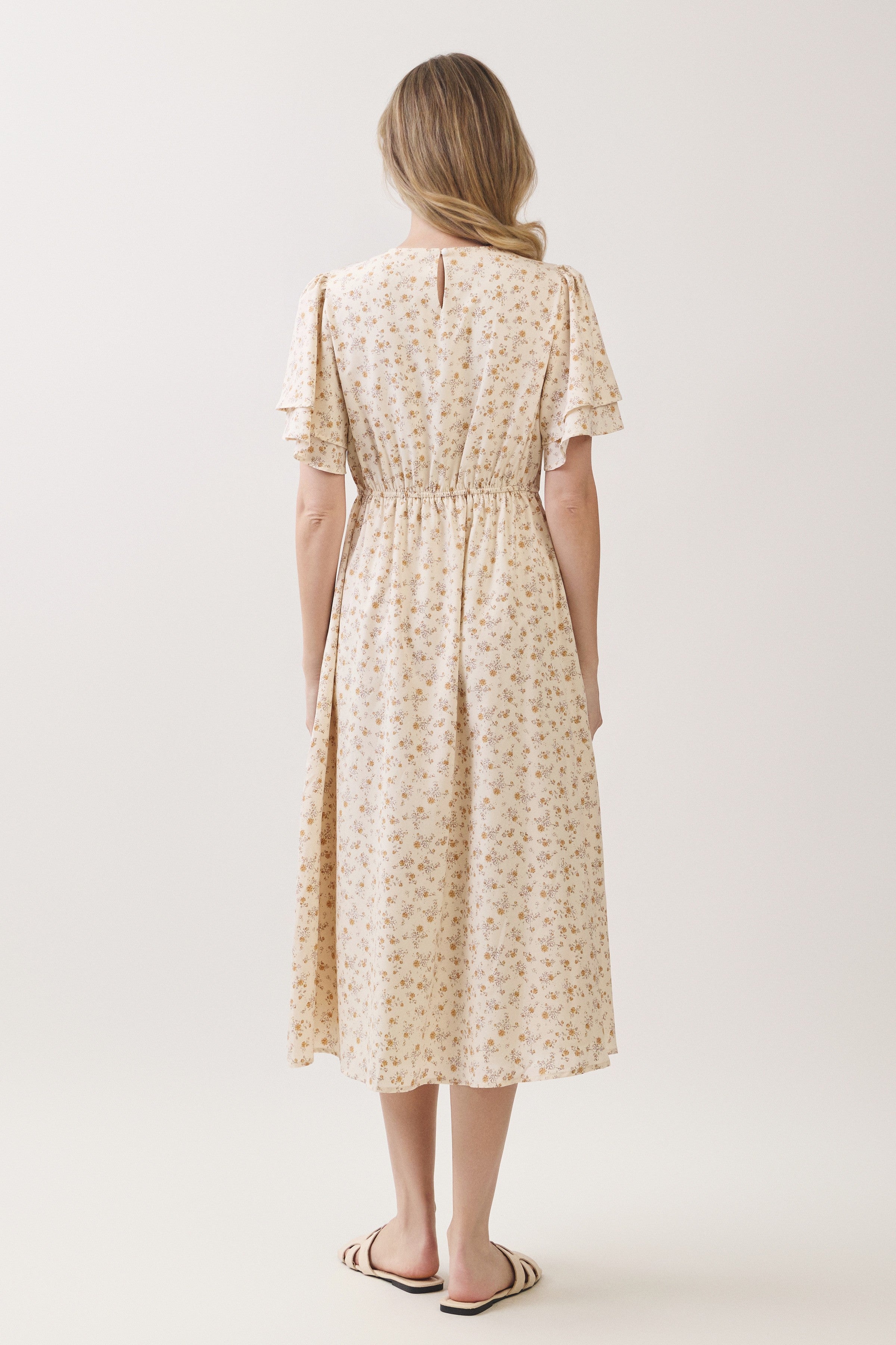 Ditsy Floral Tiered Flutter Sleeve Midi Dress