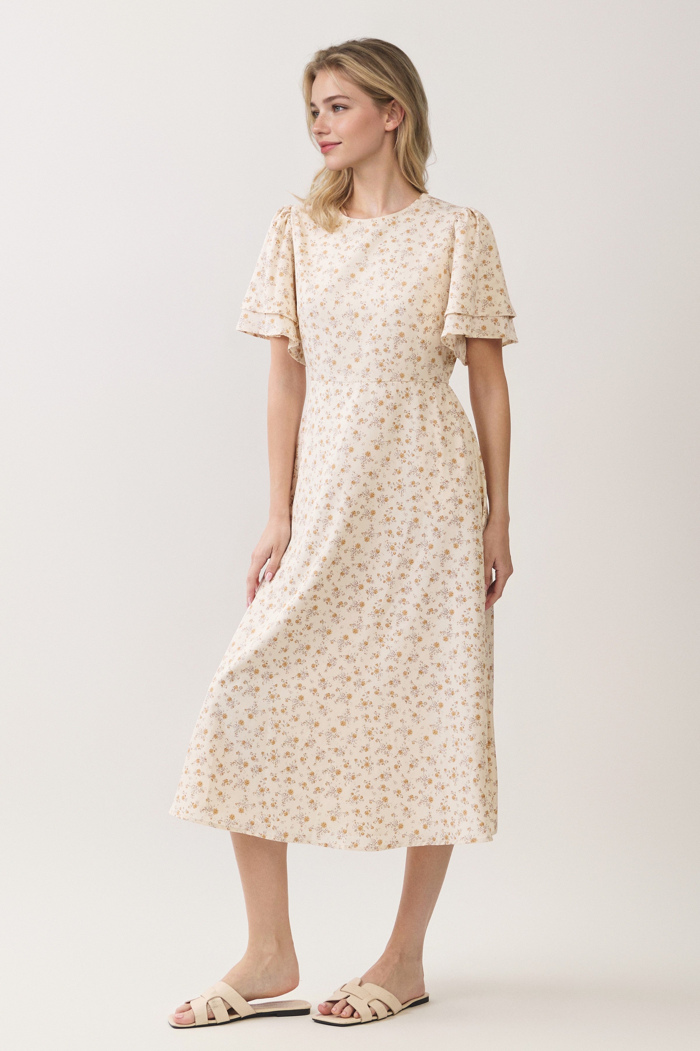 Ditsy Floral Tiered Flutter Sleeve Midi Dress