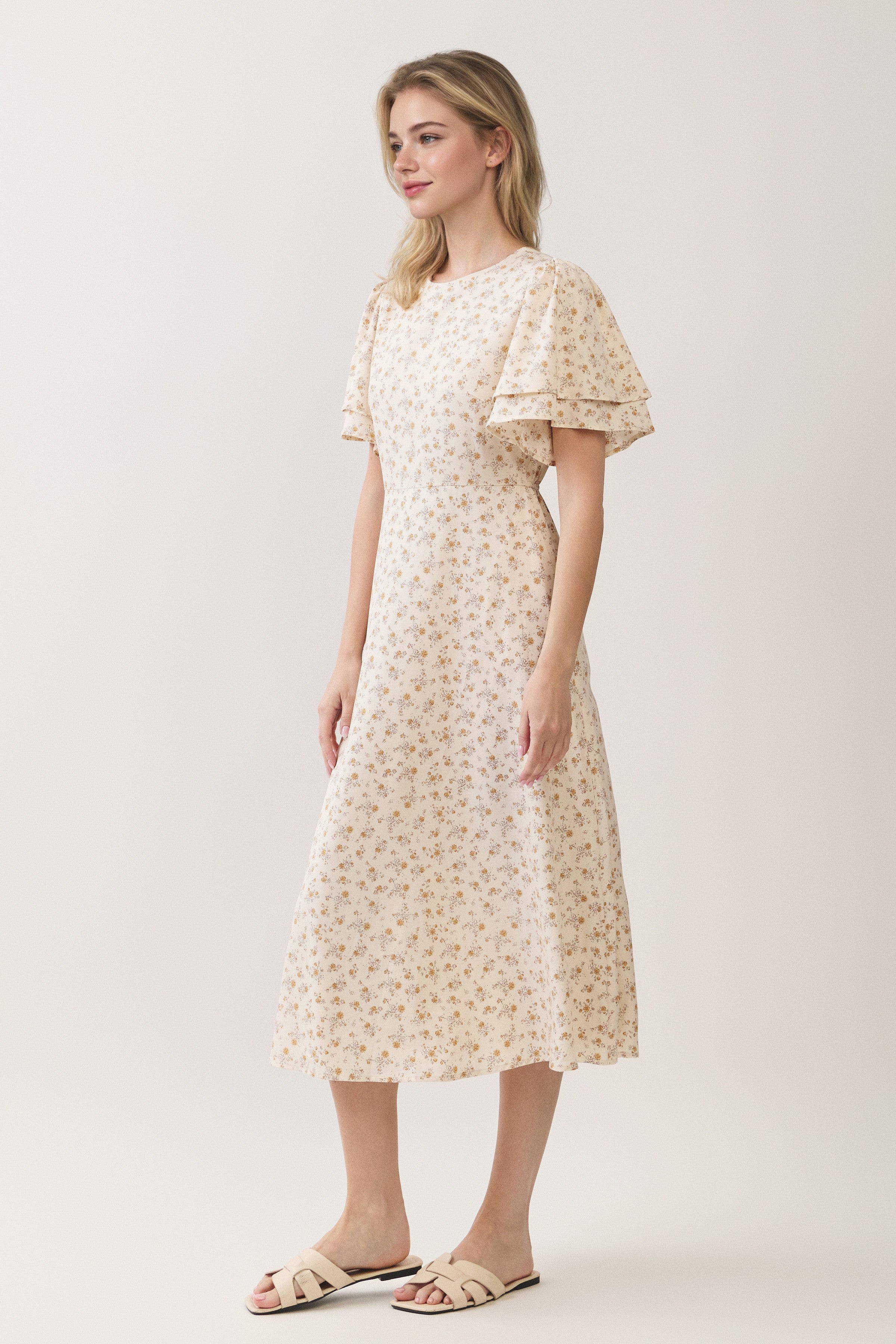 Ditsy Floral Tiered Flutter Sleeve Midi Dress