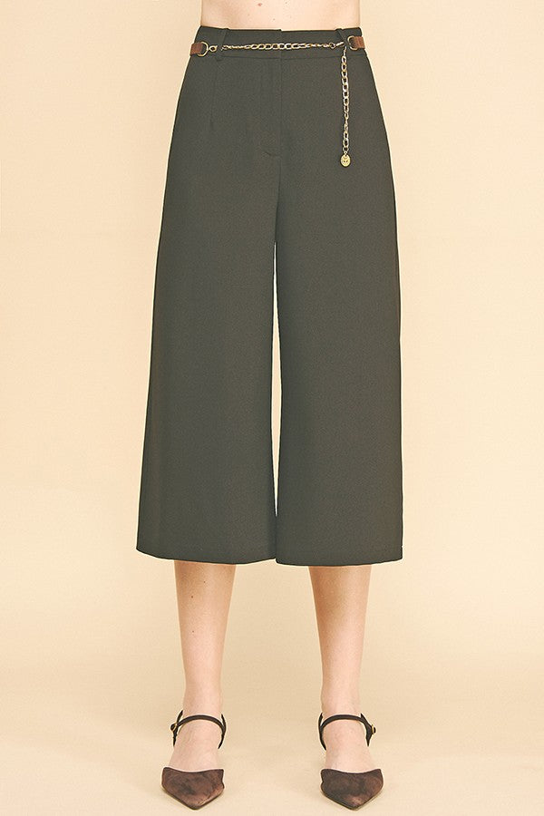 Twill Faux Gold Belt Chain Cropped Waist Wide Leg Trousers