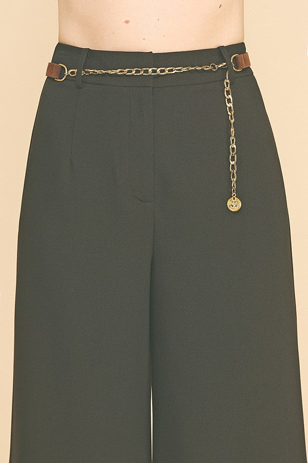 Twill Faux Gold Belt Chain Cropped Waist Wide Leg Trousers