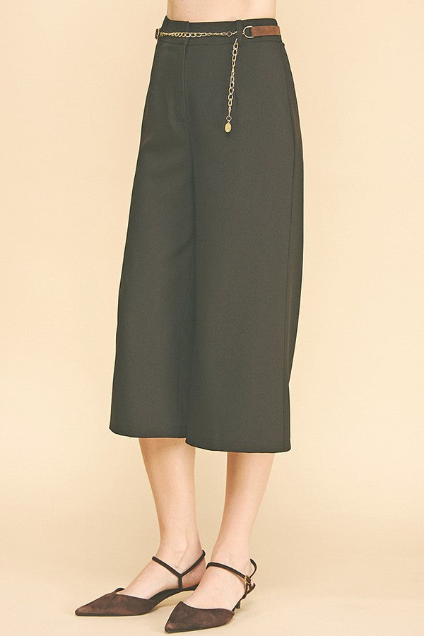 Twill Faux Gold Belt Chain Cropped Waist Wide Leg Trousers