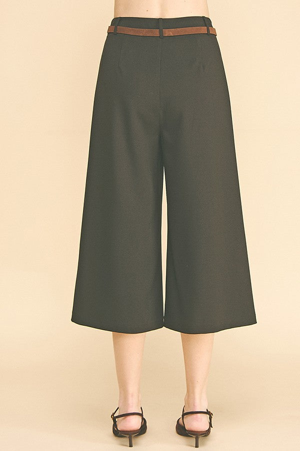 Twill Faux Gold Belt Chain Cropped Waist Wide Leg Trousers