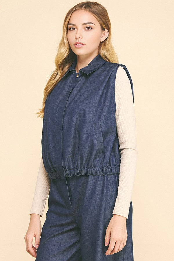 Faux Denim Zip Up Blouson Hem Cropped Vest
