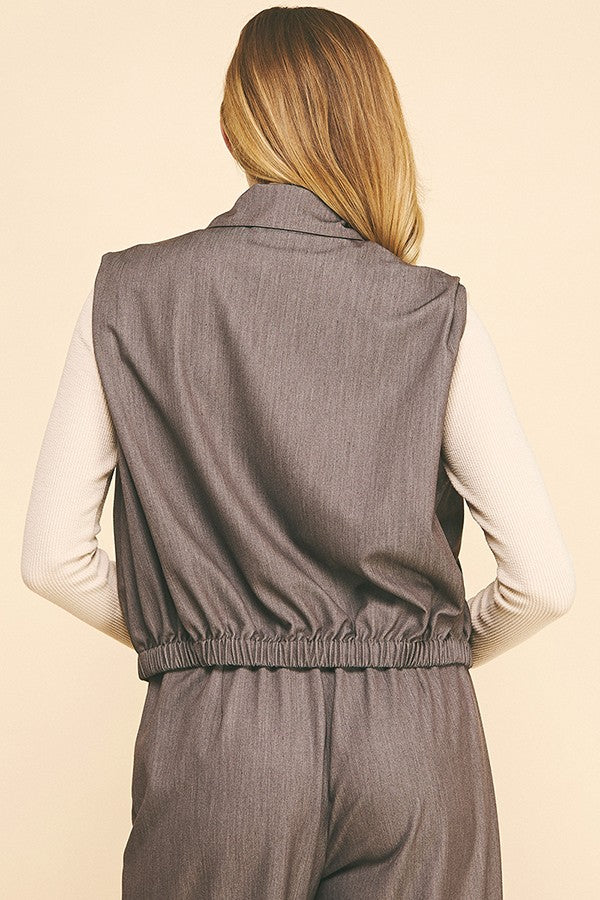 Faux Denim Zip Up Blouson Hem Cropped Vest