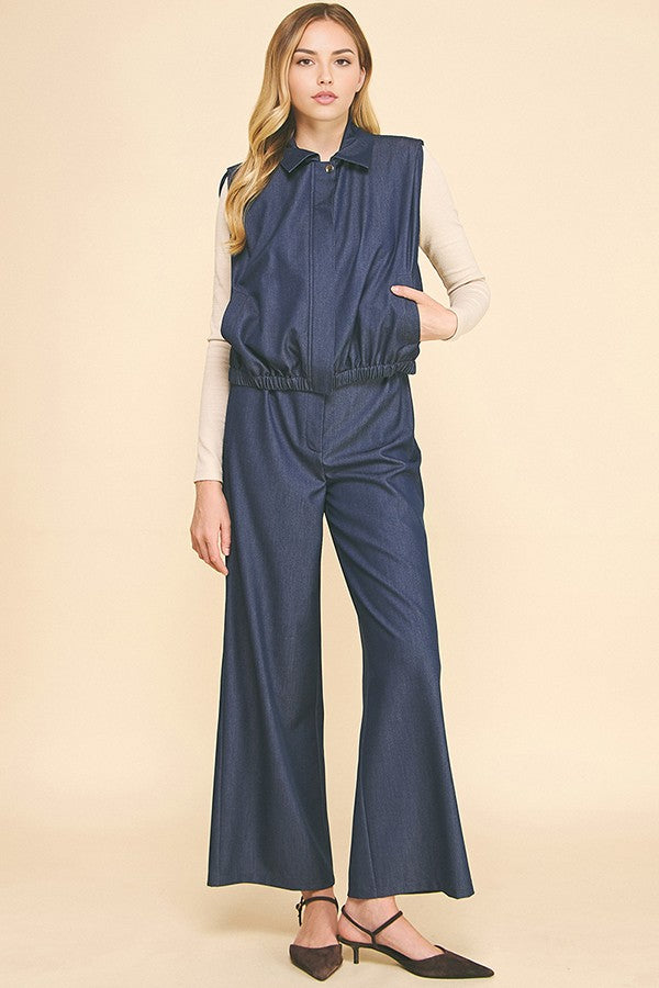 Faux Denim Zip Up Blouson Hem Cropped Vest