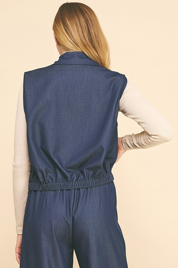Faux Denim Zip Up Blouson Hem Cropped Vest