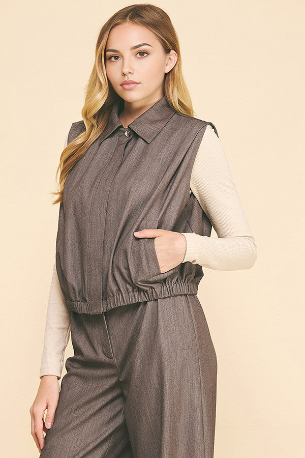 Faux Denim Zip Up Blouson Hem Cropped Vest
