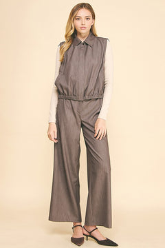 Faux Denim Zip Up Blouson Hem Cropped Vest