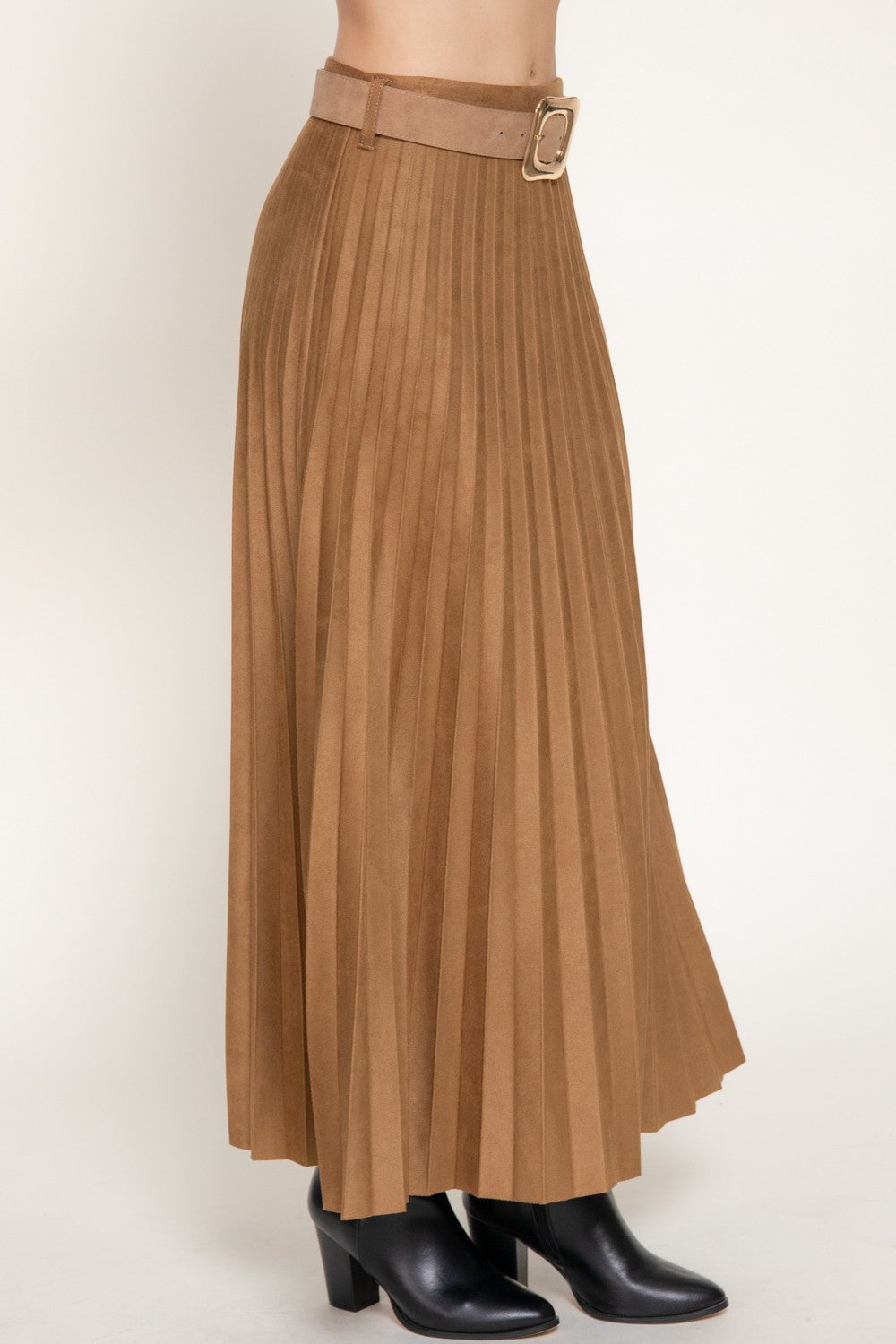 Belted Faux Suede Pleated Long Skirt