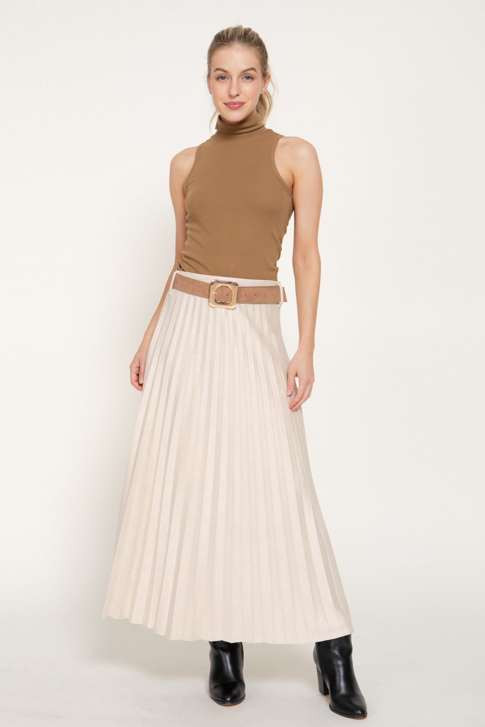 Belted Faux Suede Pleated Long Skirt