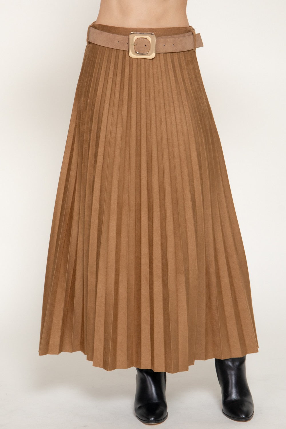 Belted Faux Suede Pleated Long Skirt