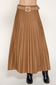 Belted Faux Suede Pleated Long Skirt