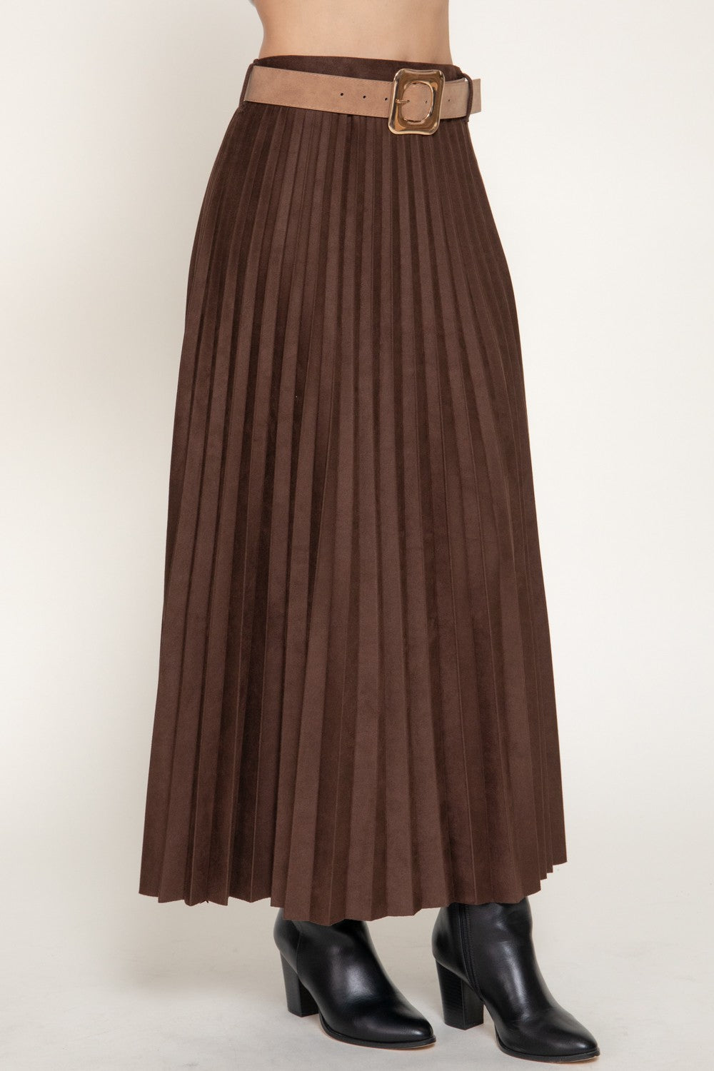 Belted Faux Suede Pleated Long Skirt